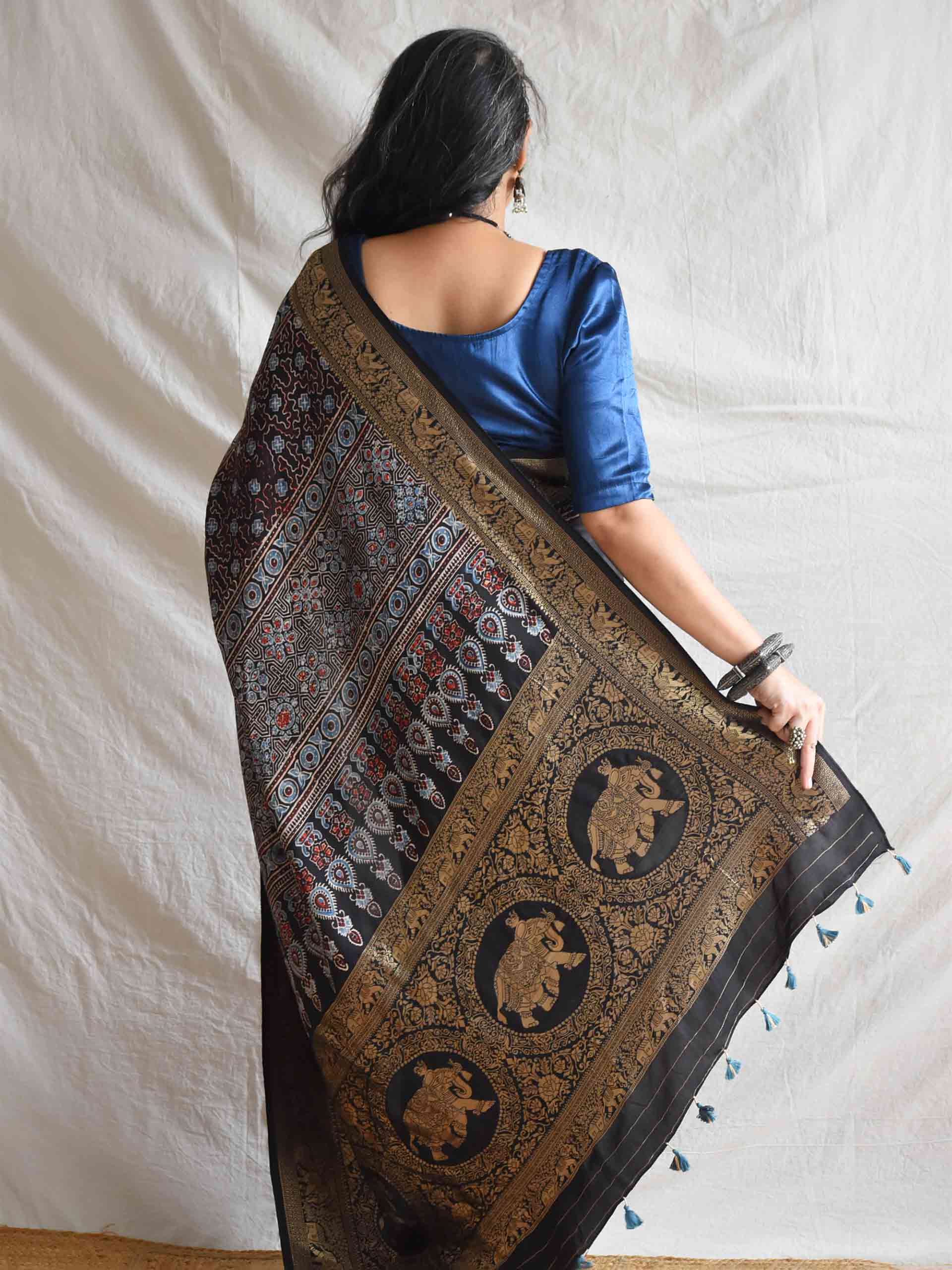 Gehna - Ajrakh Dola silk zari pallu saree