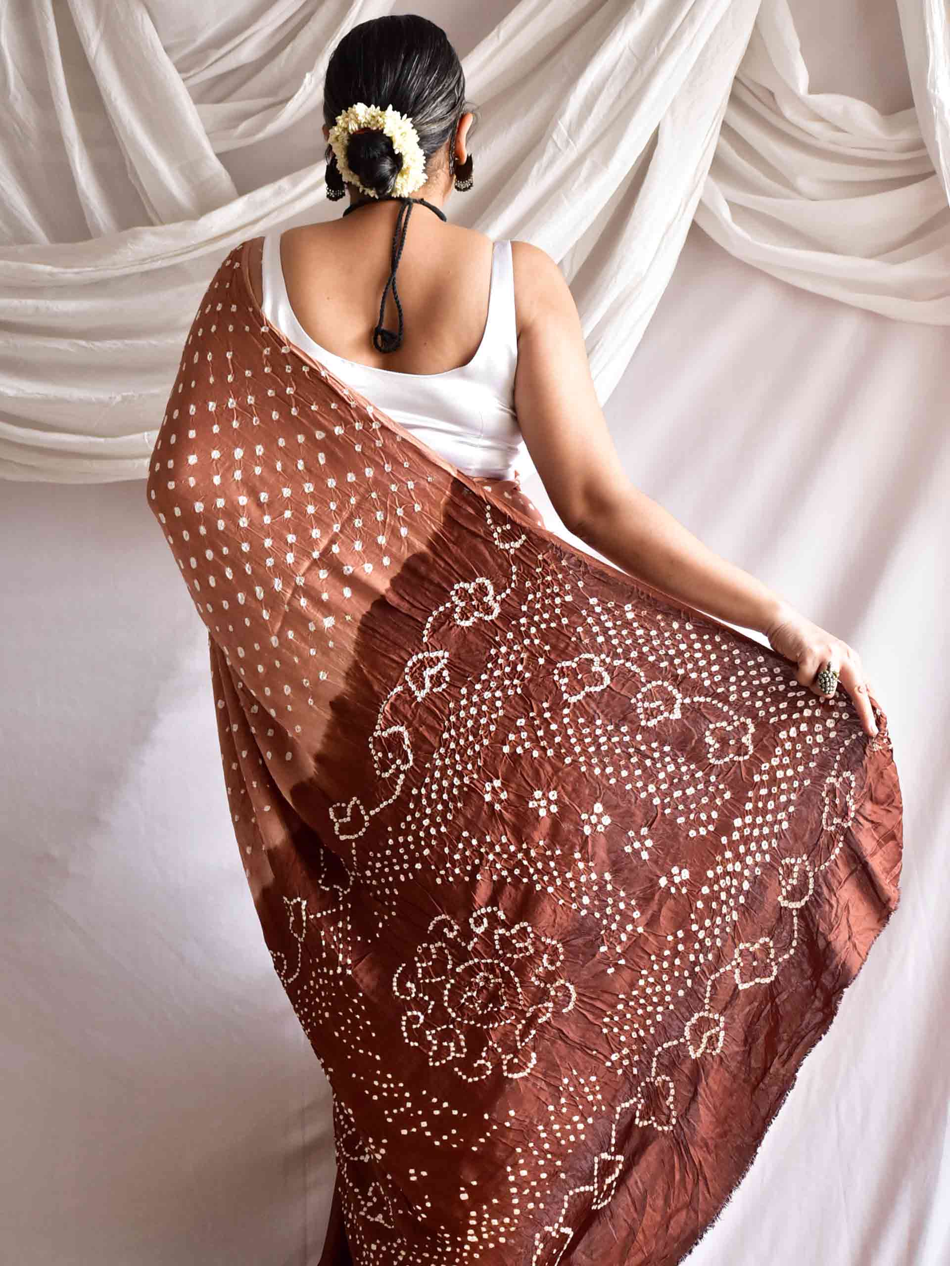 Dark Chocolate - Modal silk Bandhani saree