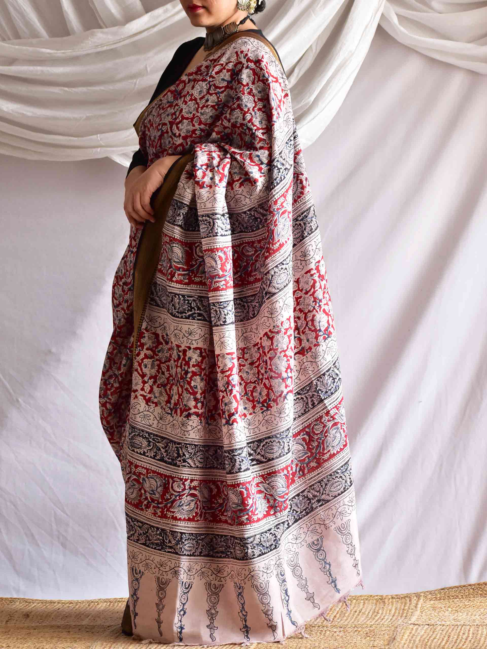 Mishti - kalamkari printed Bangalore Silk nizam border saree