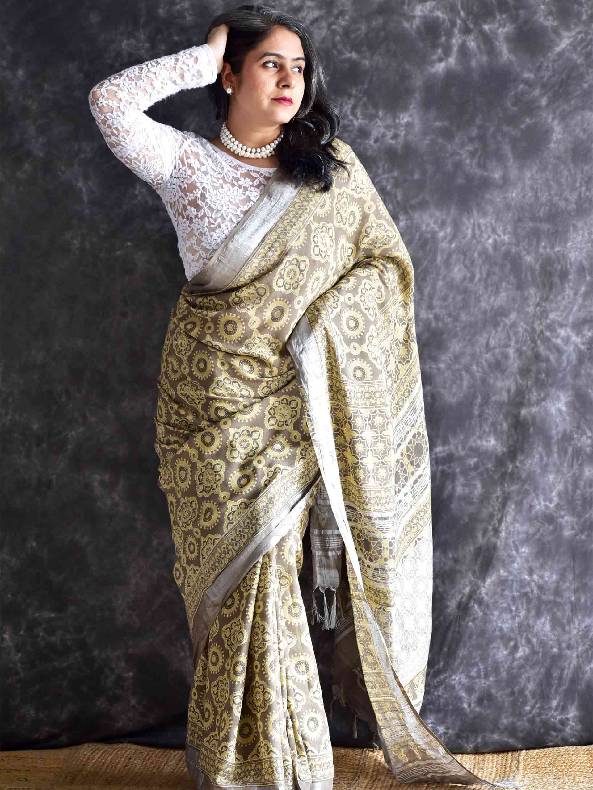 UD0067 - Ajrakh handloom Linen silk saree