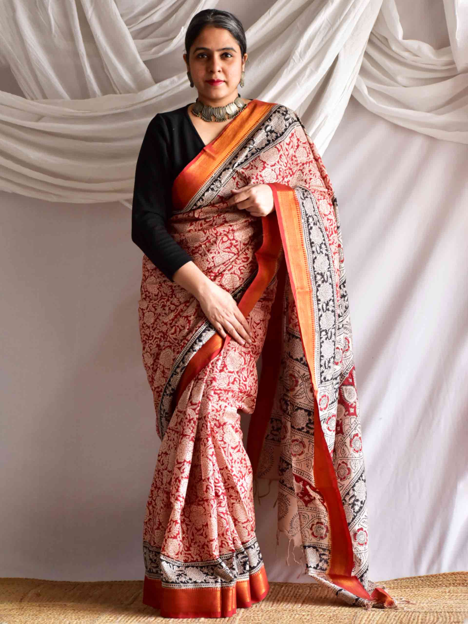 Rukhsaar - kalamkari printed Bangalore Silk nizam border saree