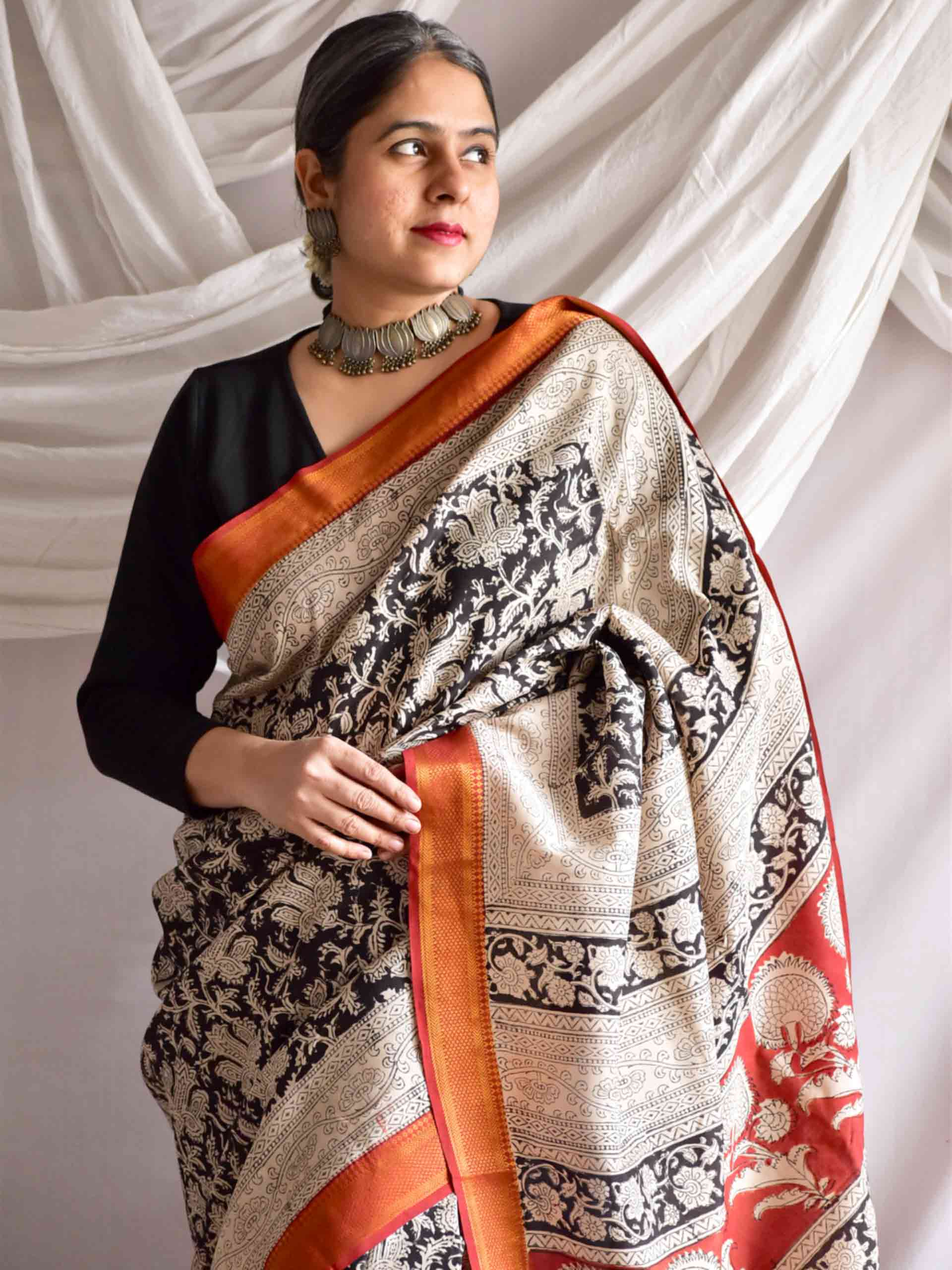 Raat rani - kalamkari printed Bangalore Silk nizam border saree