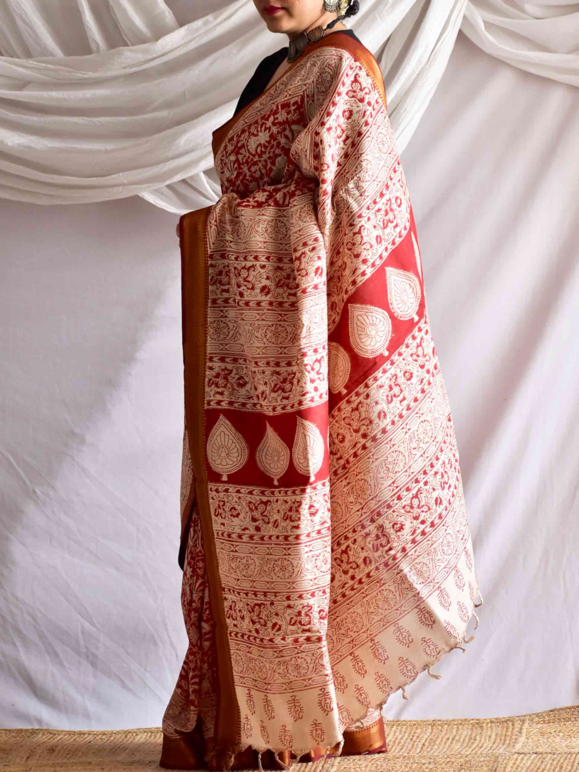 Gerua - kalamkari printed Bangalore Silk nizam border saree