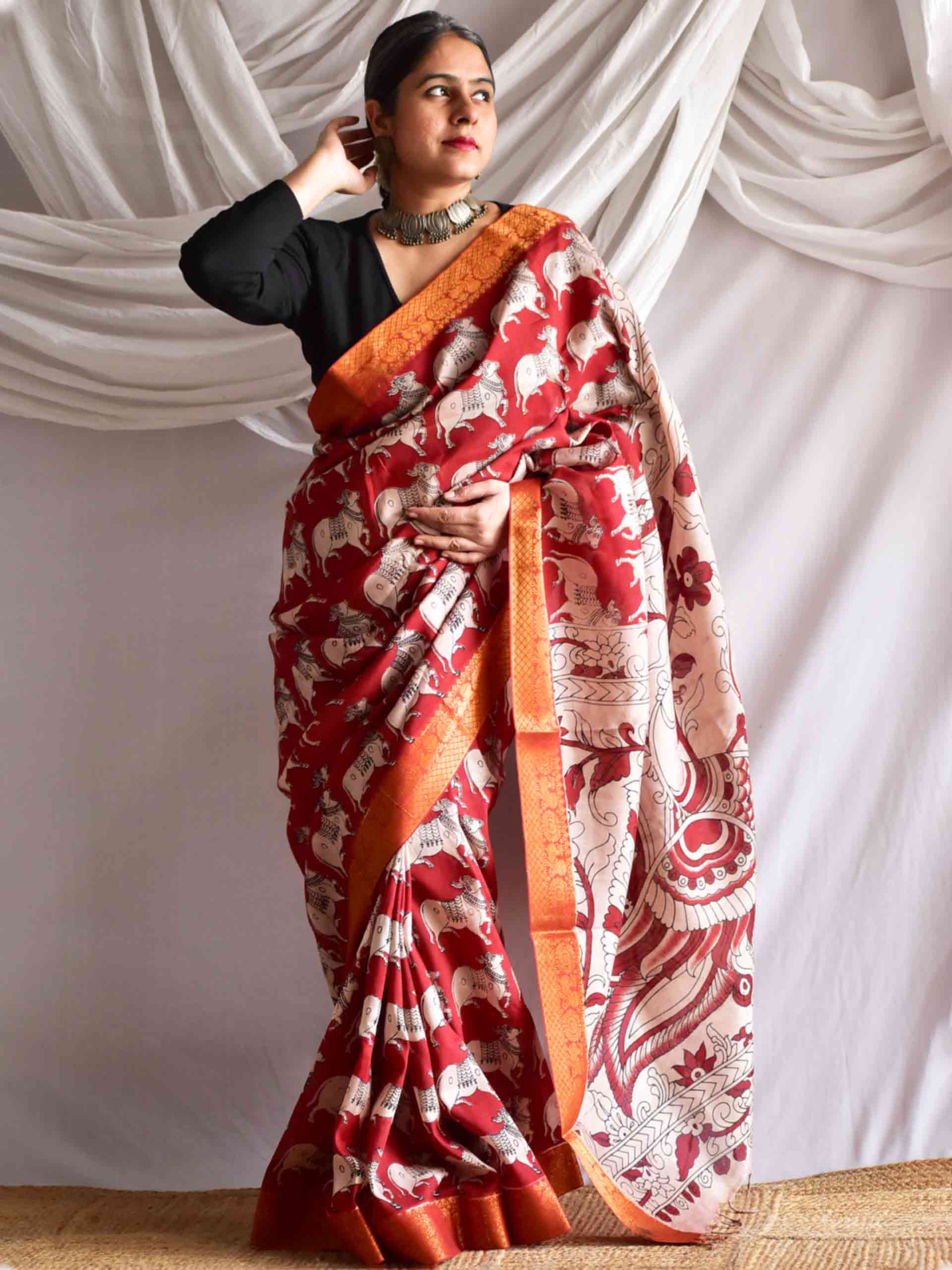 Pichwai - kalamkari printed Bangalore Silk nizam border saree
