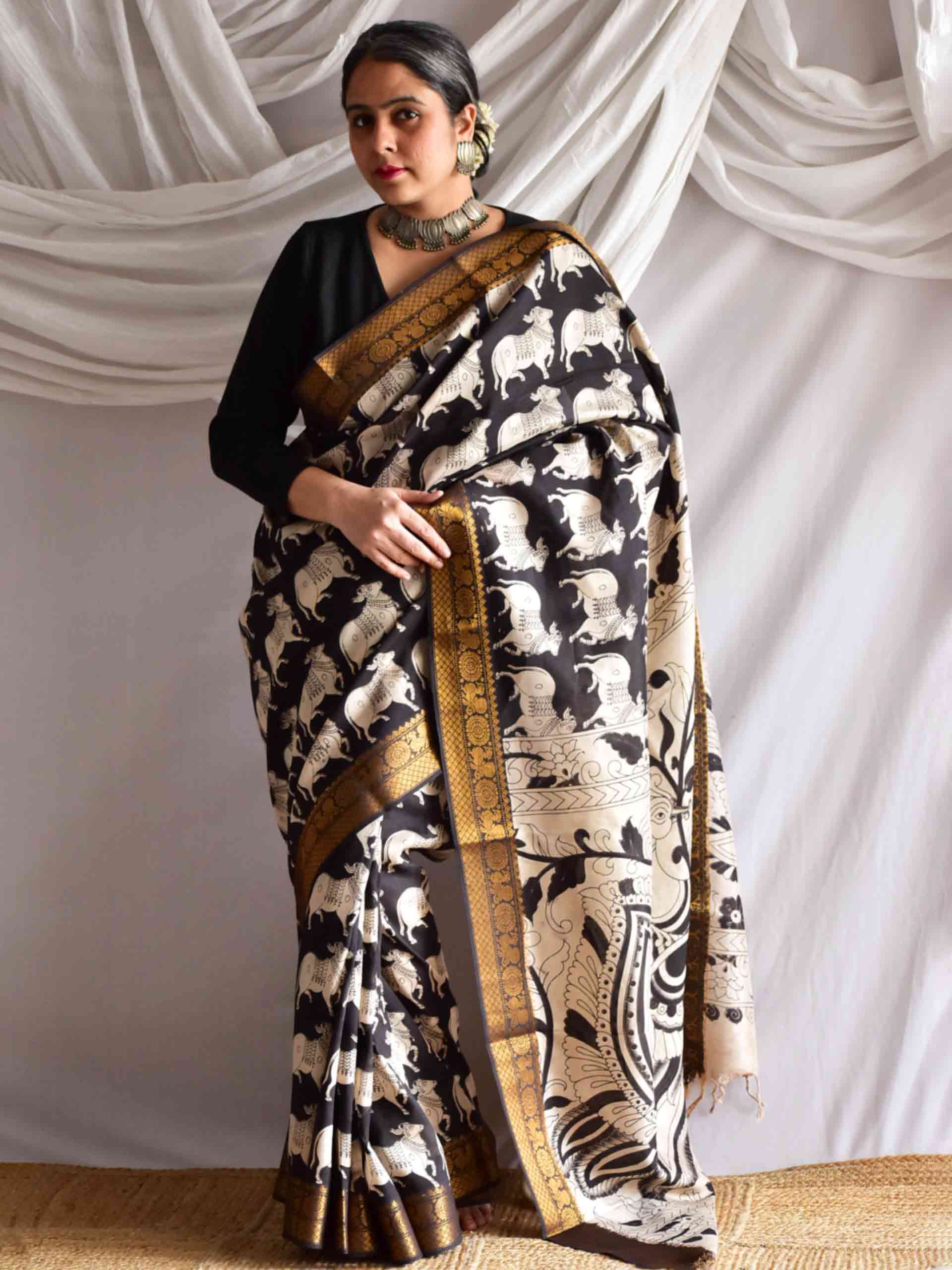 Kaal - kalamkari printed Bangalore Silk nizam border saree