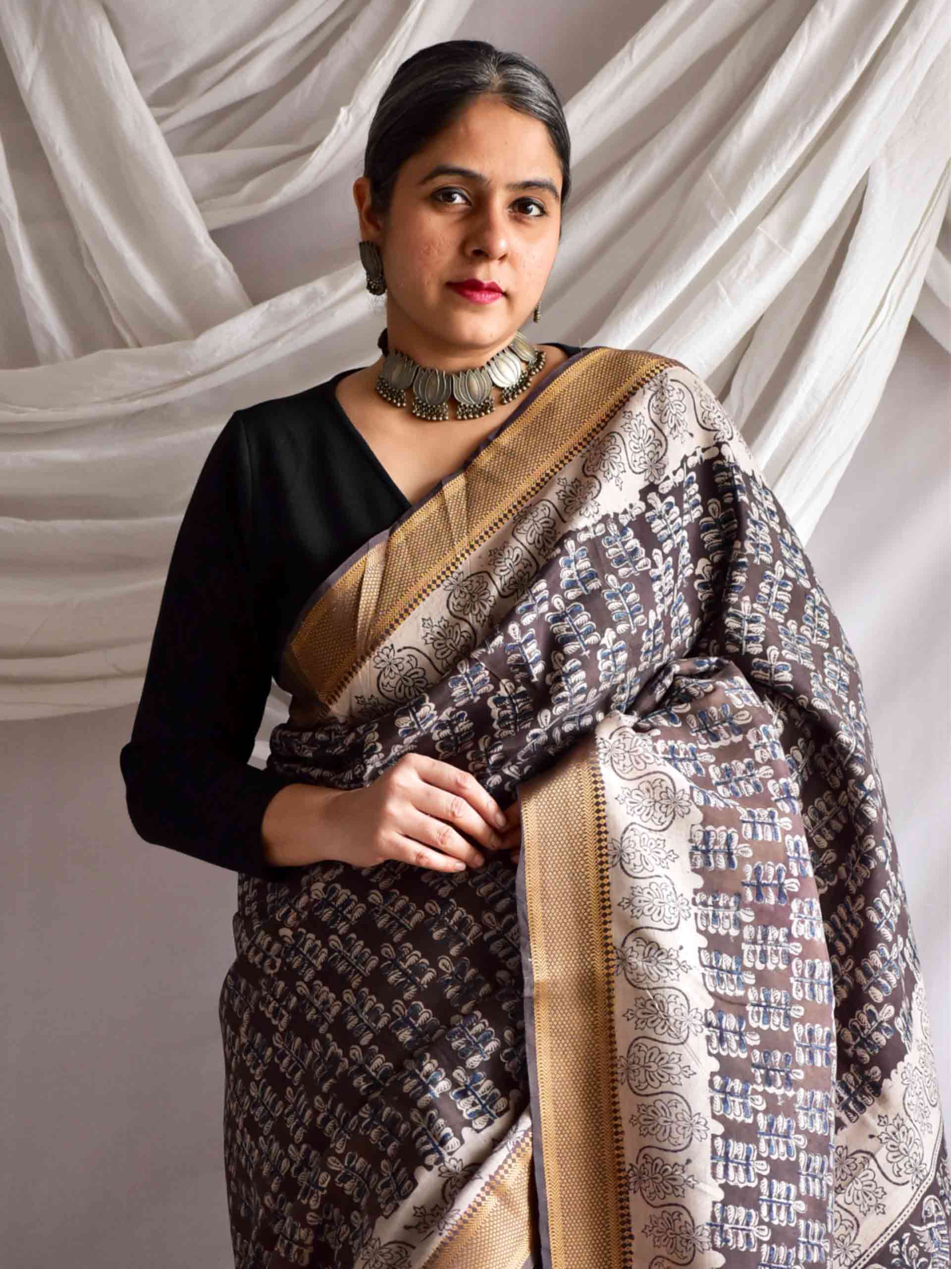 Chaya - kalamkari printed Bangalore Silk nizam border saree