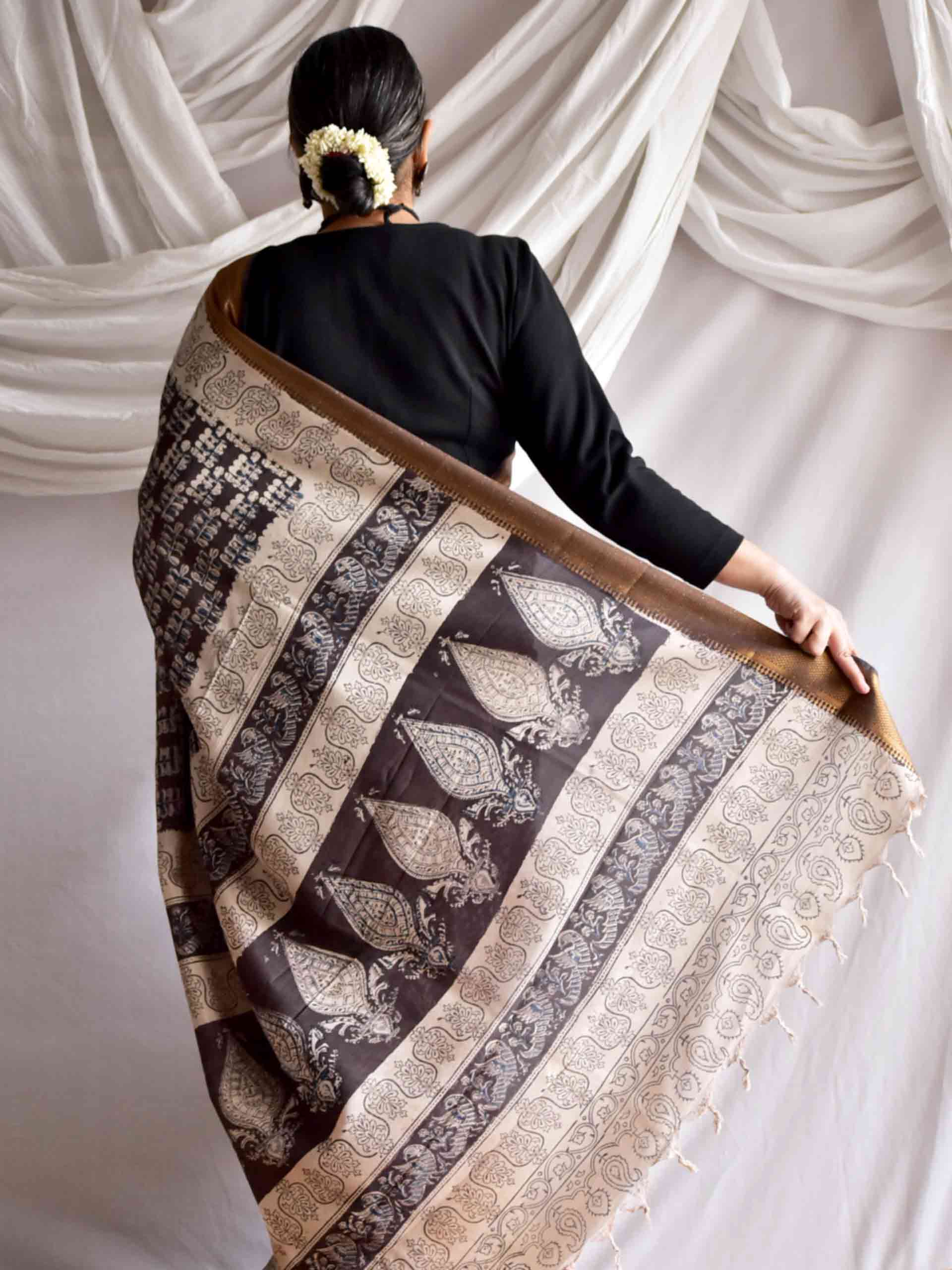 Chaya - kalamkari printed Bangalore Silk nizam border saree