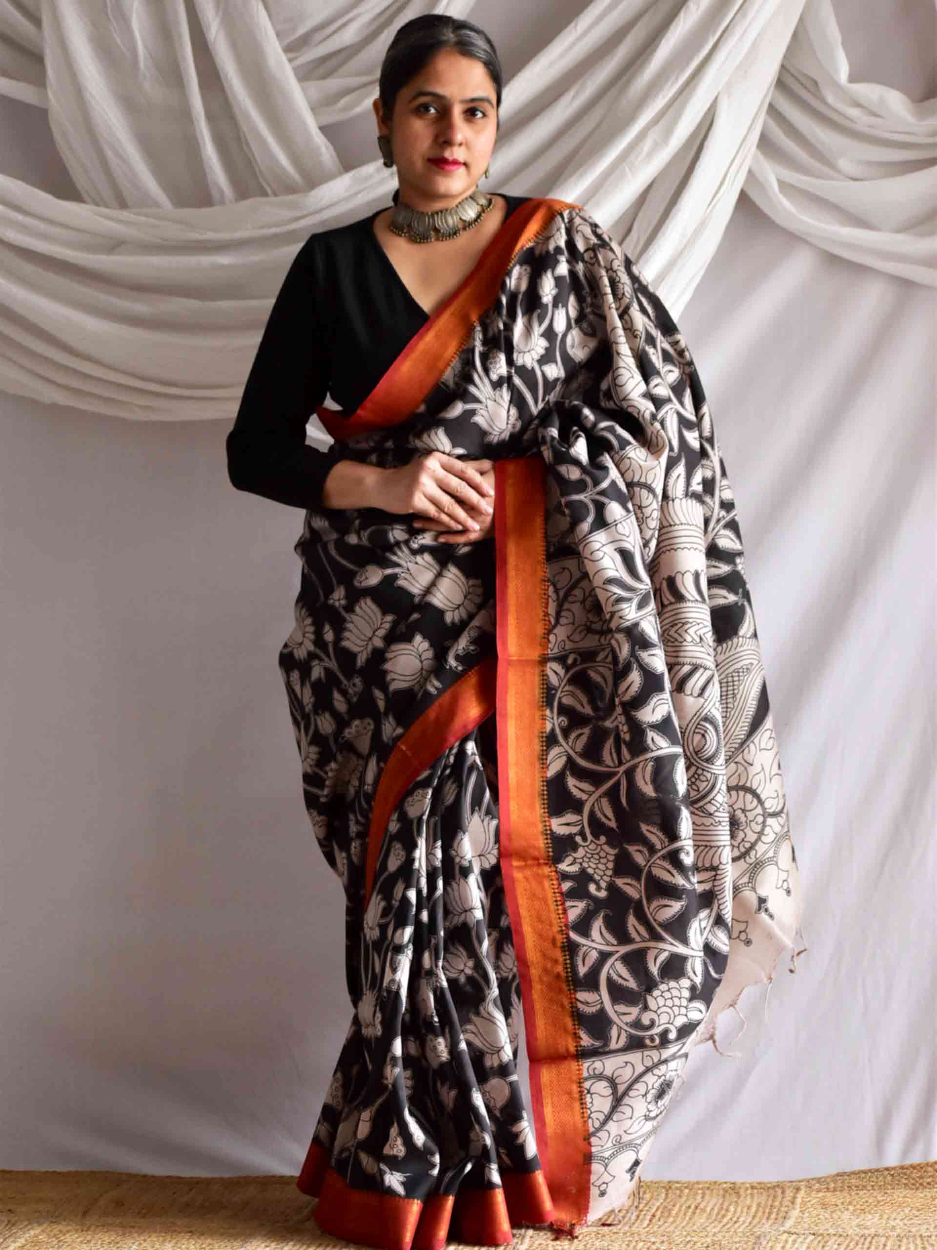 Kamal chaya - kalamkari printed Bangalore Silk nizam border saree