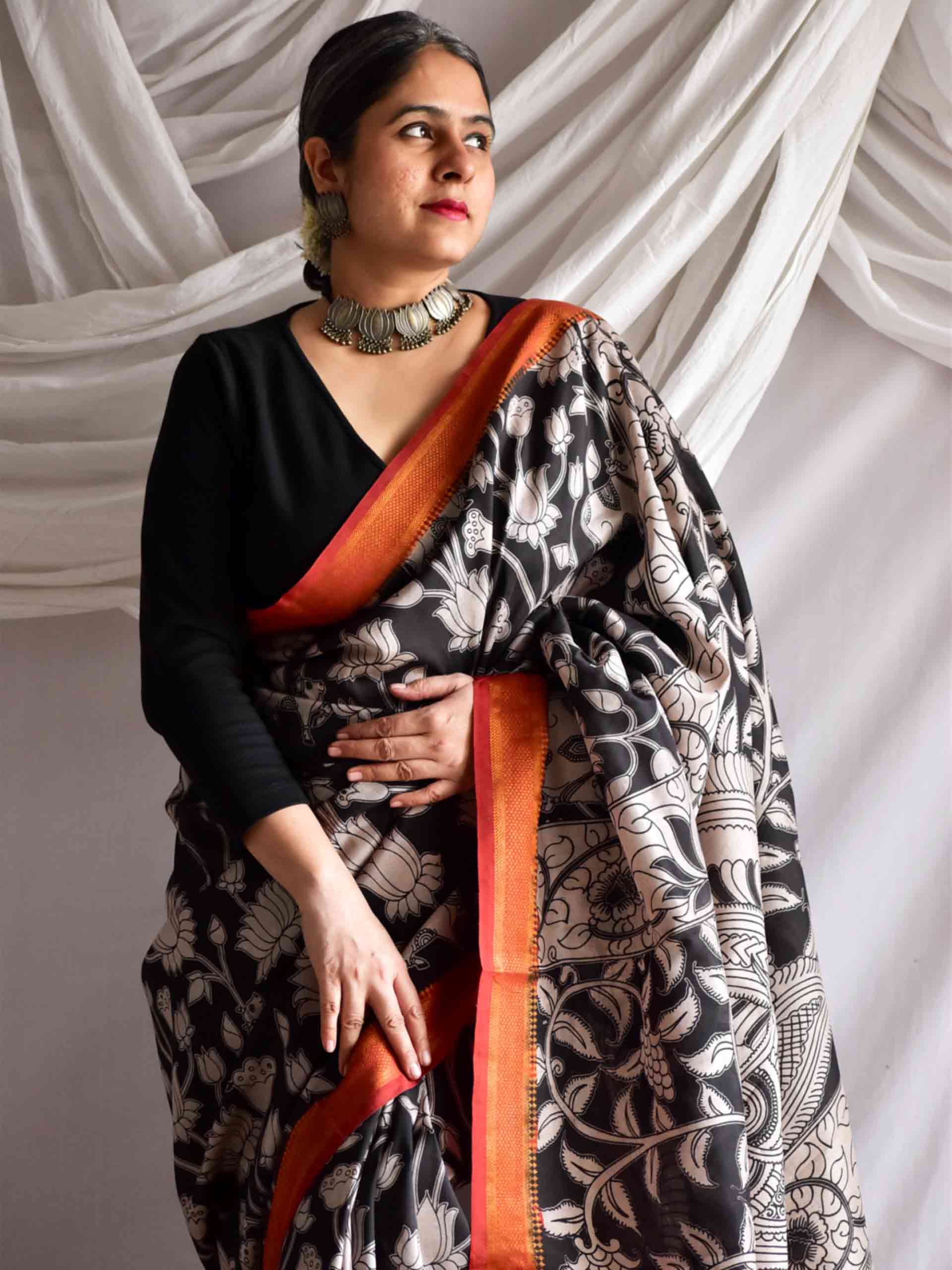 Kamal chaya - kalamkari printed Bangalore Silk nizam border saree