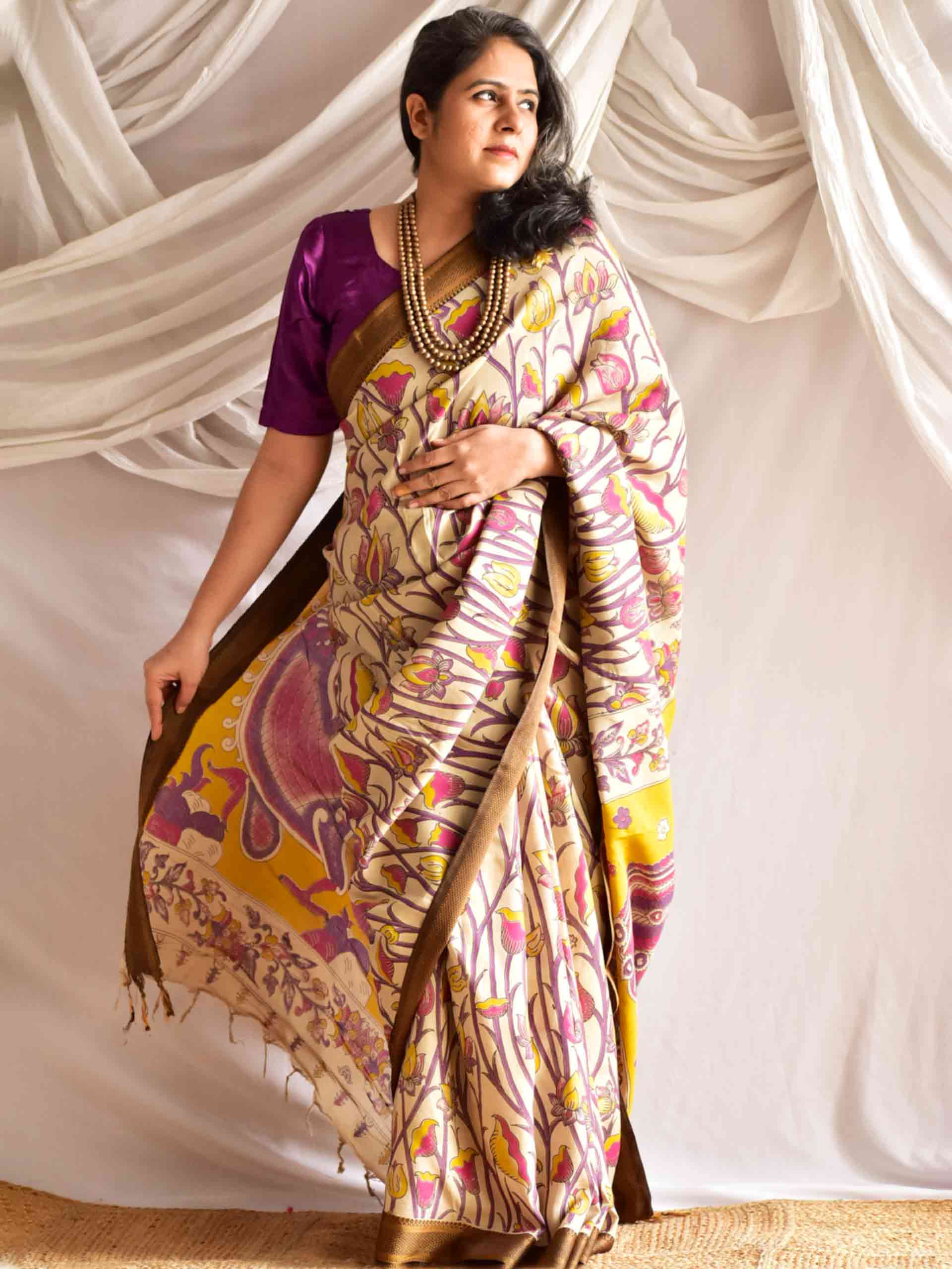 Aashi- kalamkari printed Bangalore Silk nizam border saree