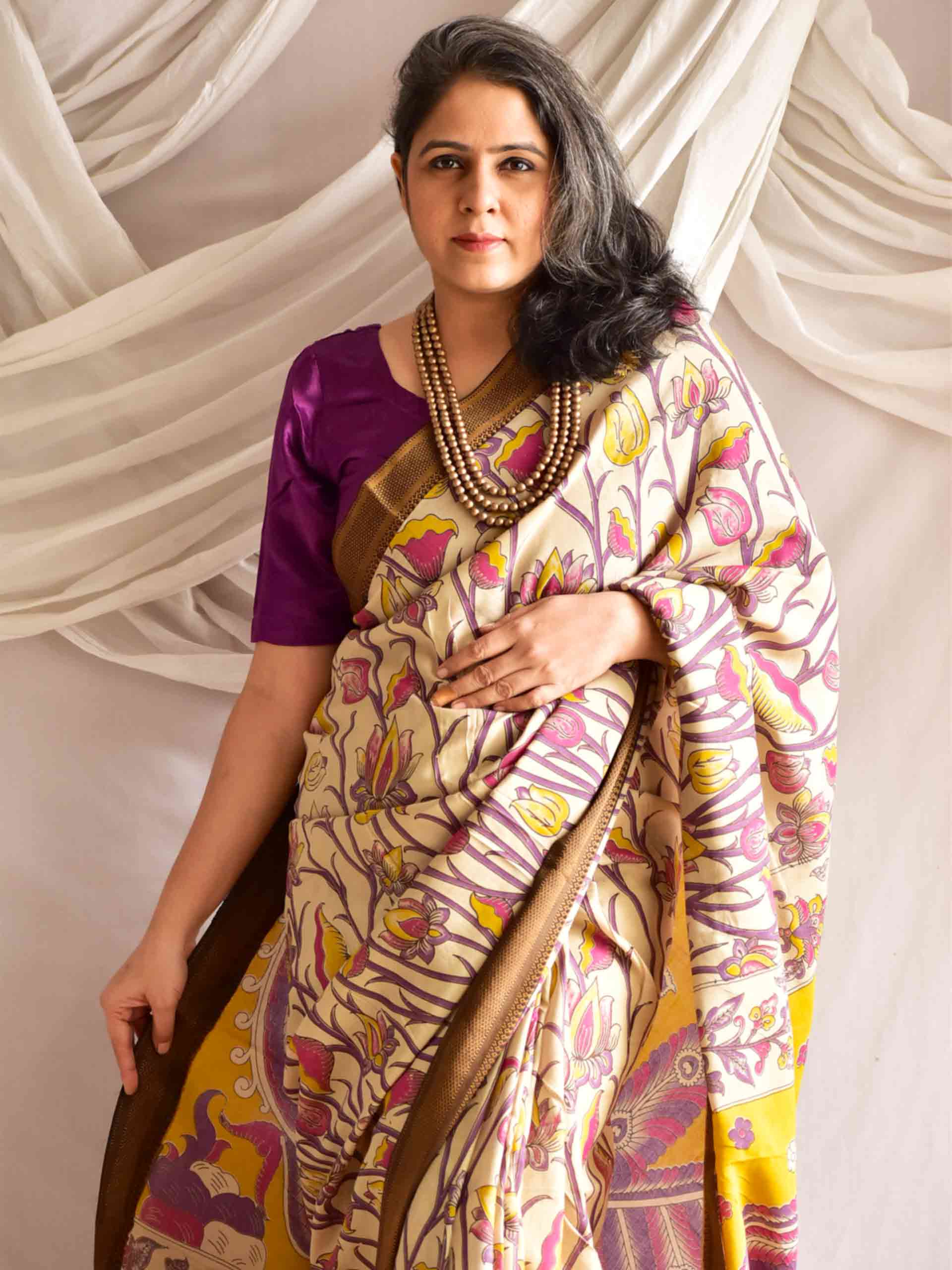 Aashi- kalamkari printed Bangalore Silk nizam border saree