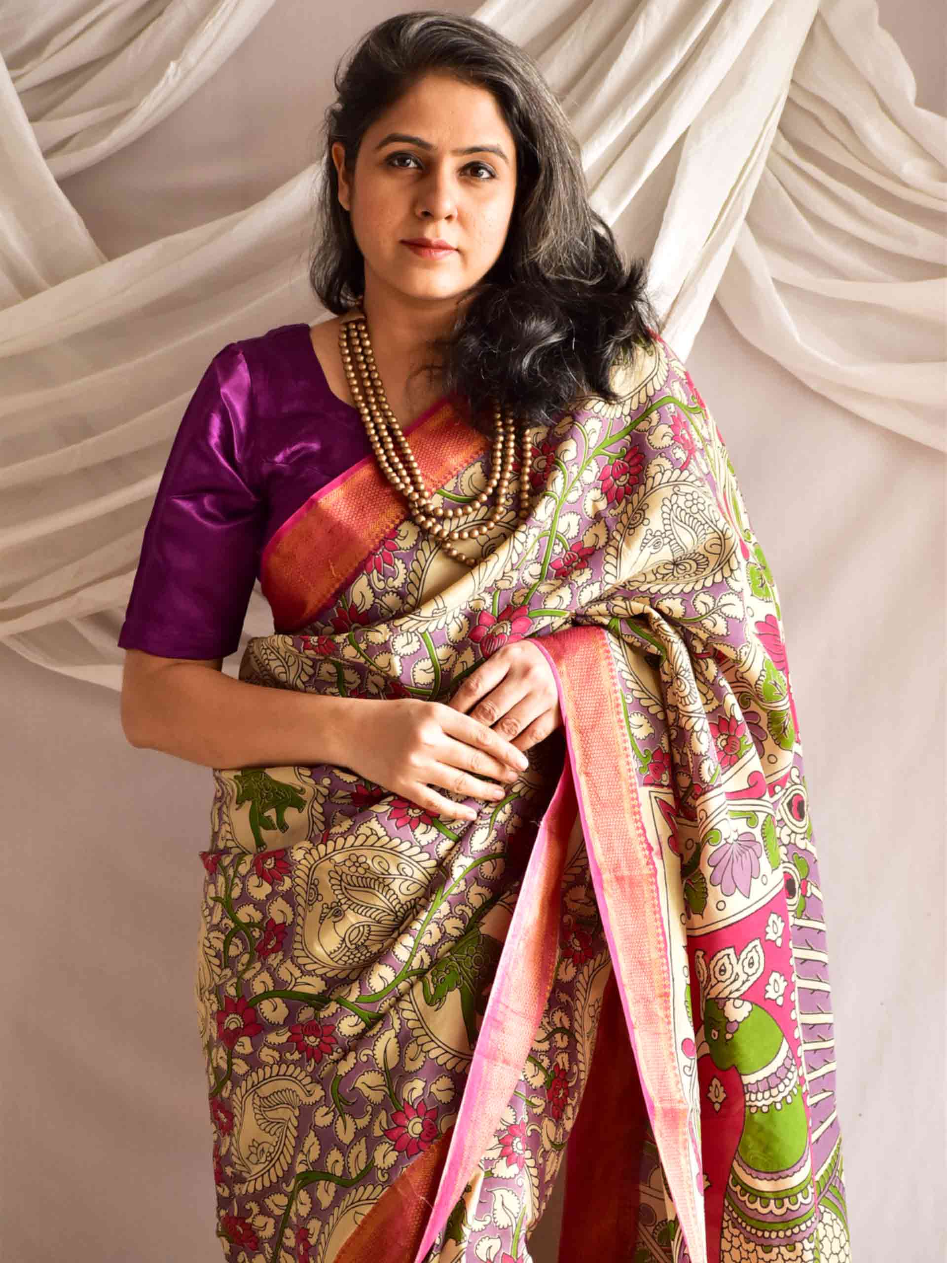 Nirvana - kalamkari printed Bangalore Silk nizam border saree