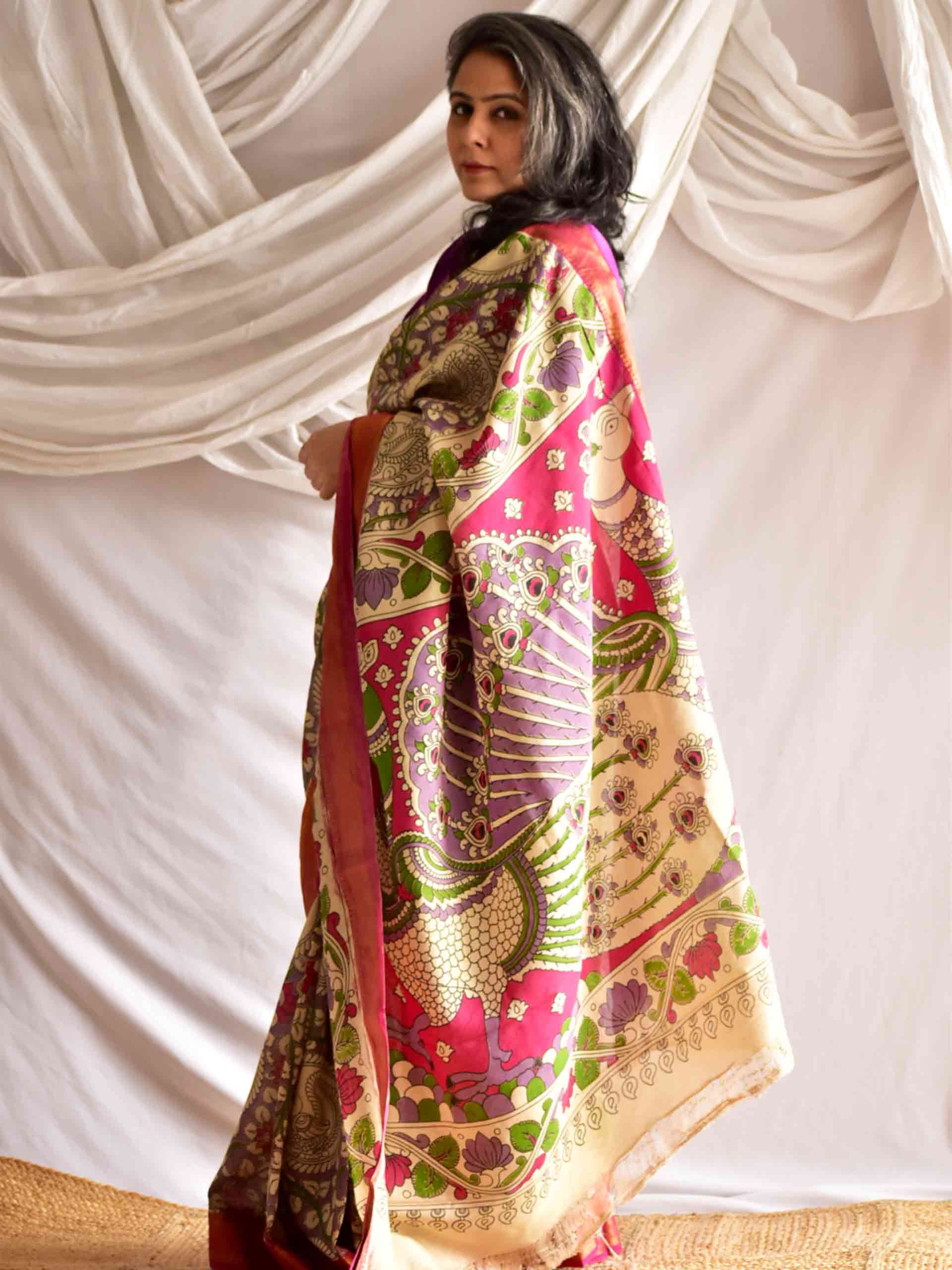 Nirvana - kalamkari printed Bangalore Silk nizam border saree