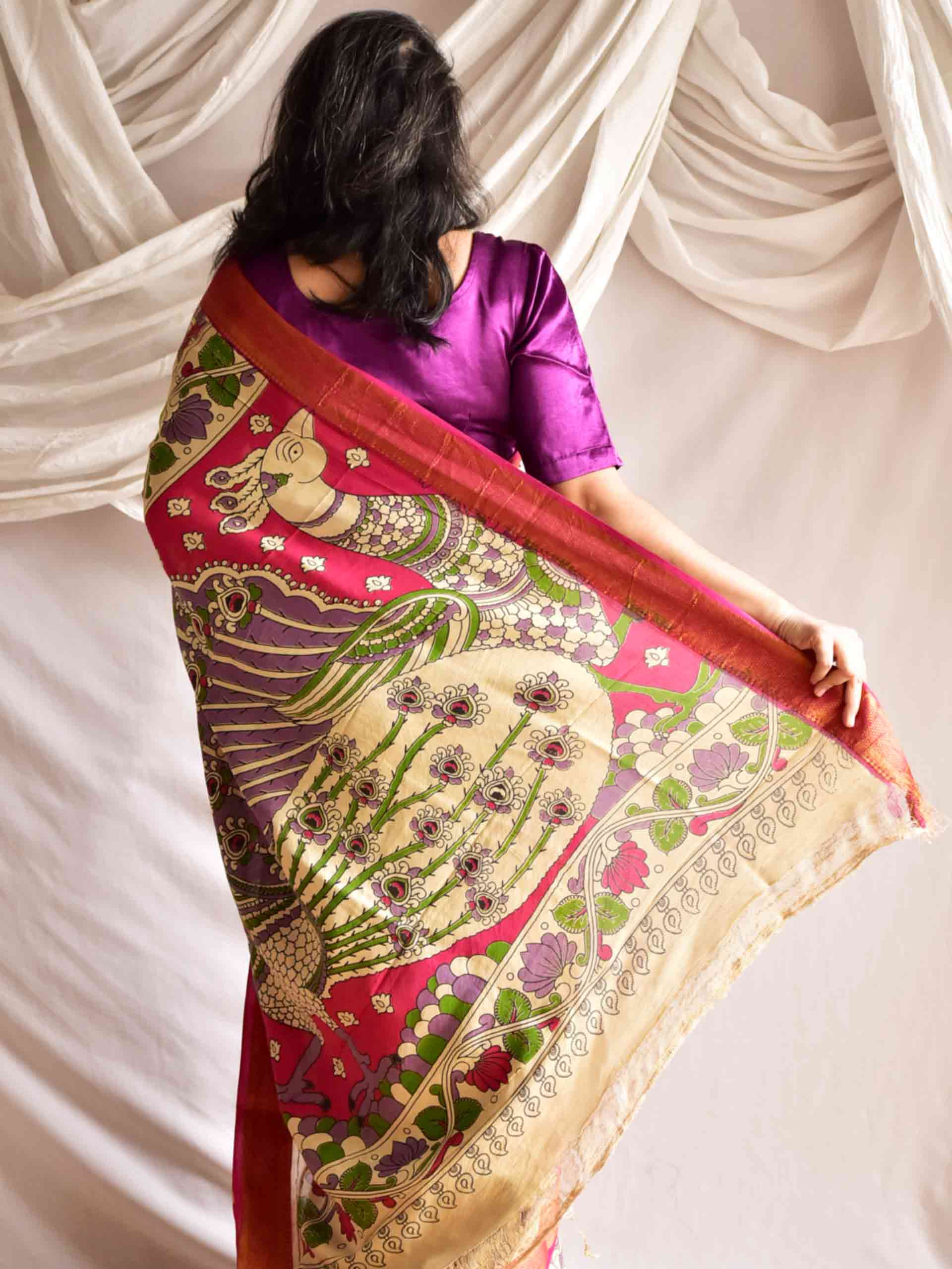 Nirvana - kalamkari printed Bangalore Silk nizam border saree