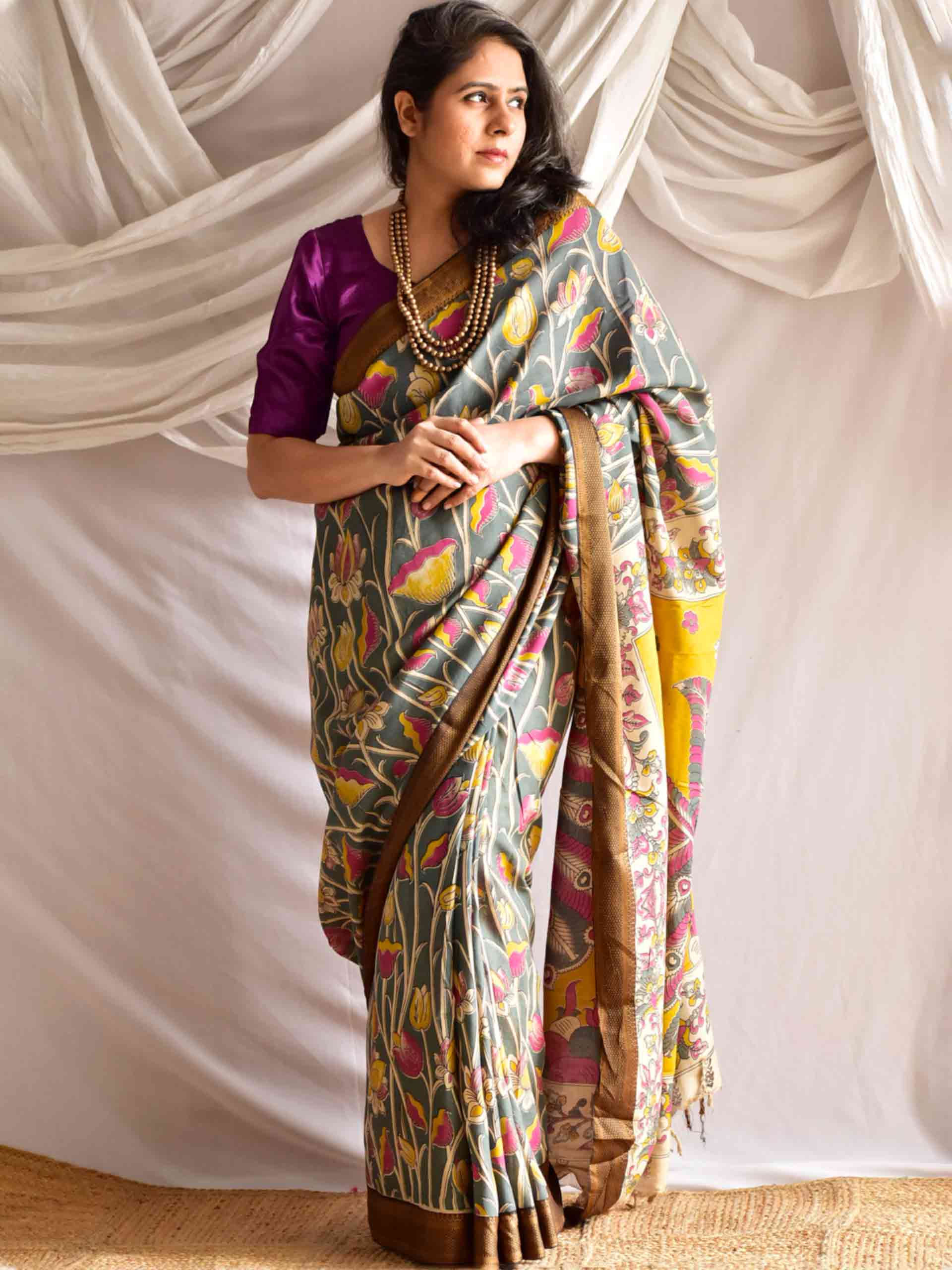 Aakarsh - kalamkari printed Bangalore Silk nizam border saree