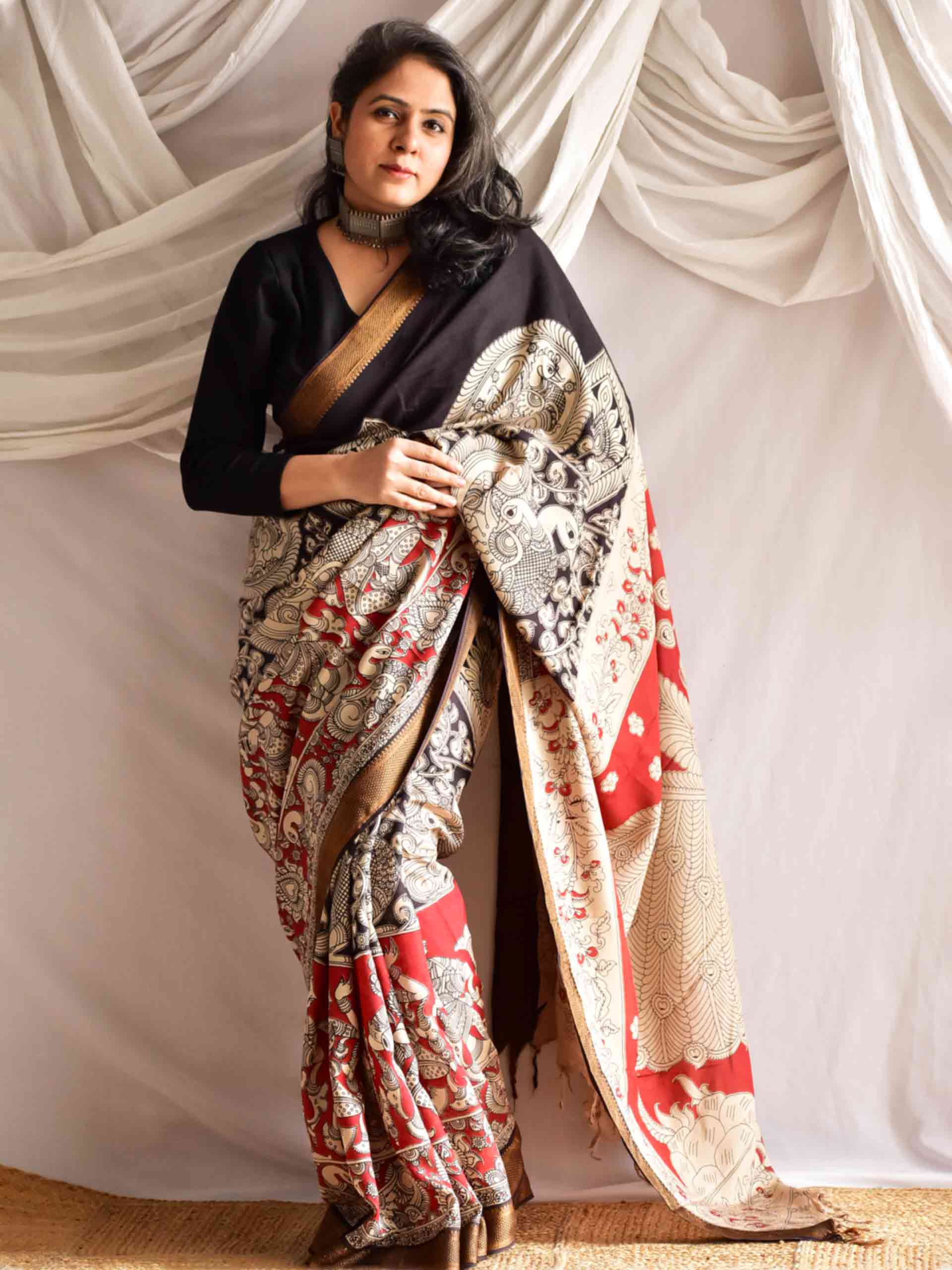 Kiara - kalamkari printed Bangalore Silk nizam border saree