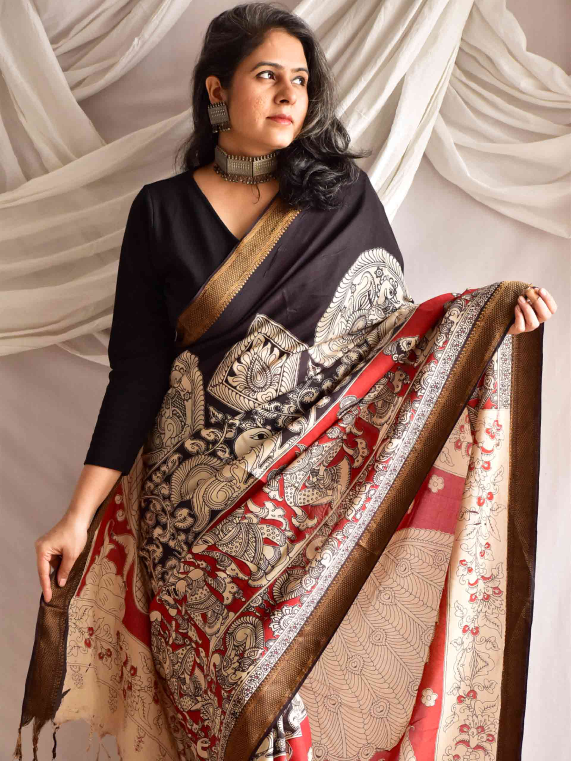 Kiara - kalamkari printed Bangalore Silk nizam border saree