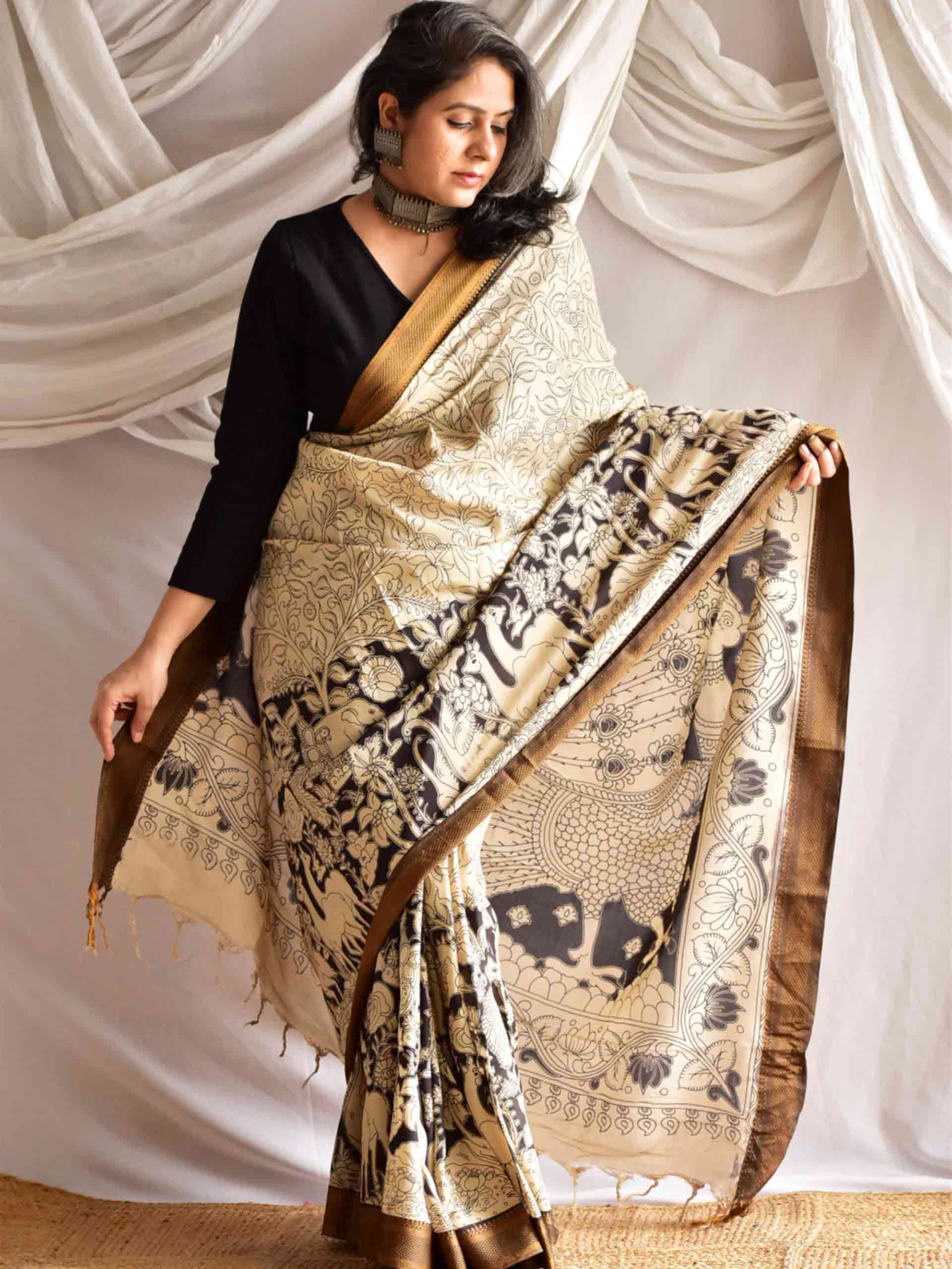 Chandni - kalamkari printed Bangalore Silk nizam border saree