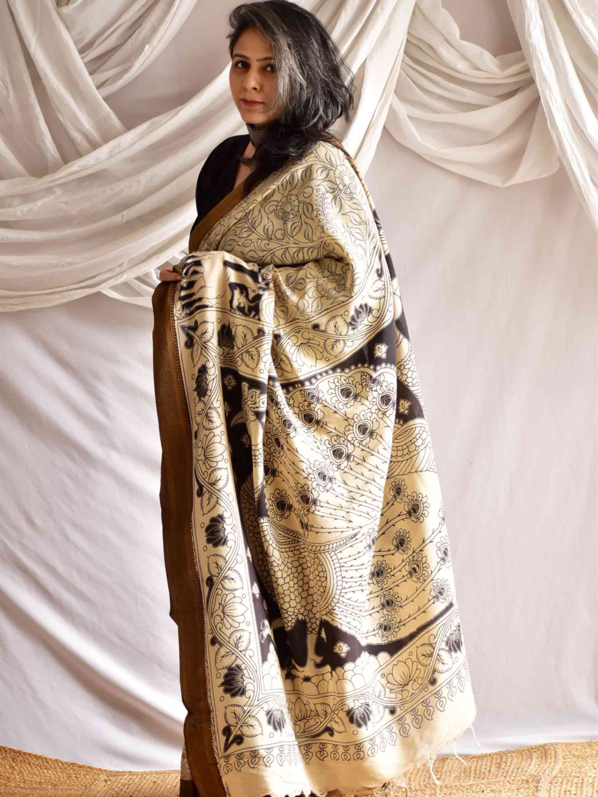 Chandni - kalamkari printed Bangalore Silk nizam border saree