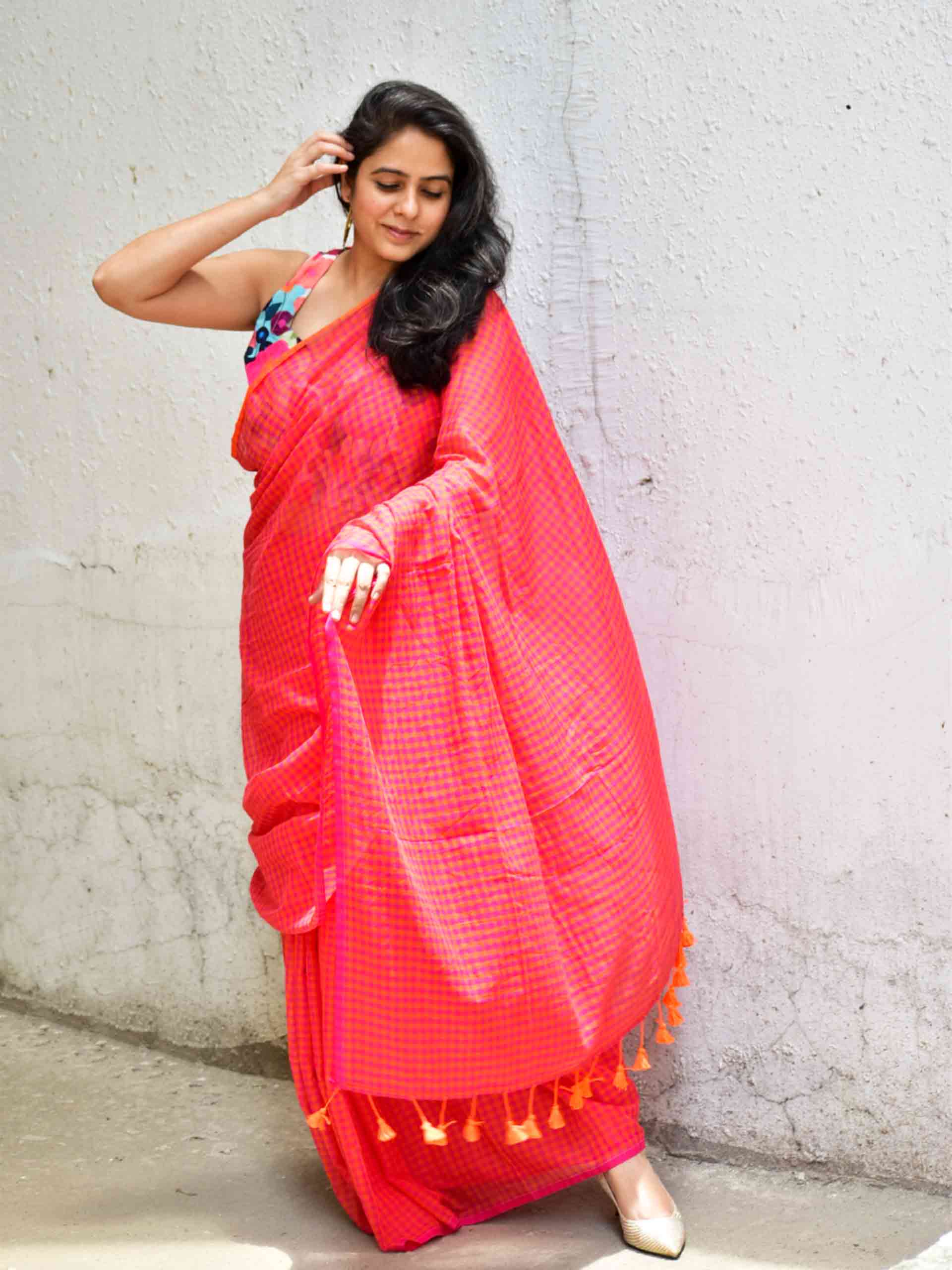 Gulabi Baadal Gamcha Mul cotton saree