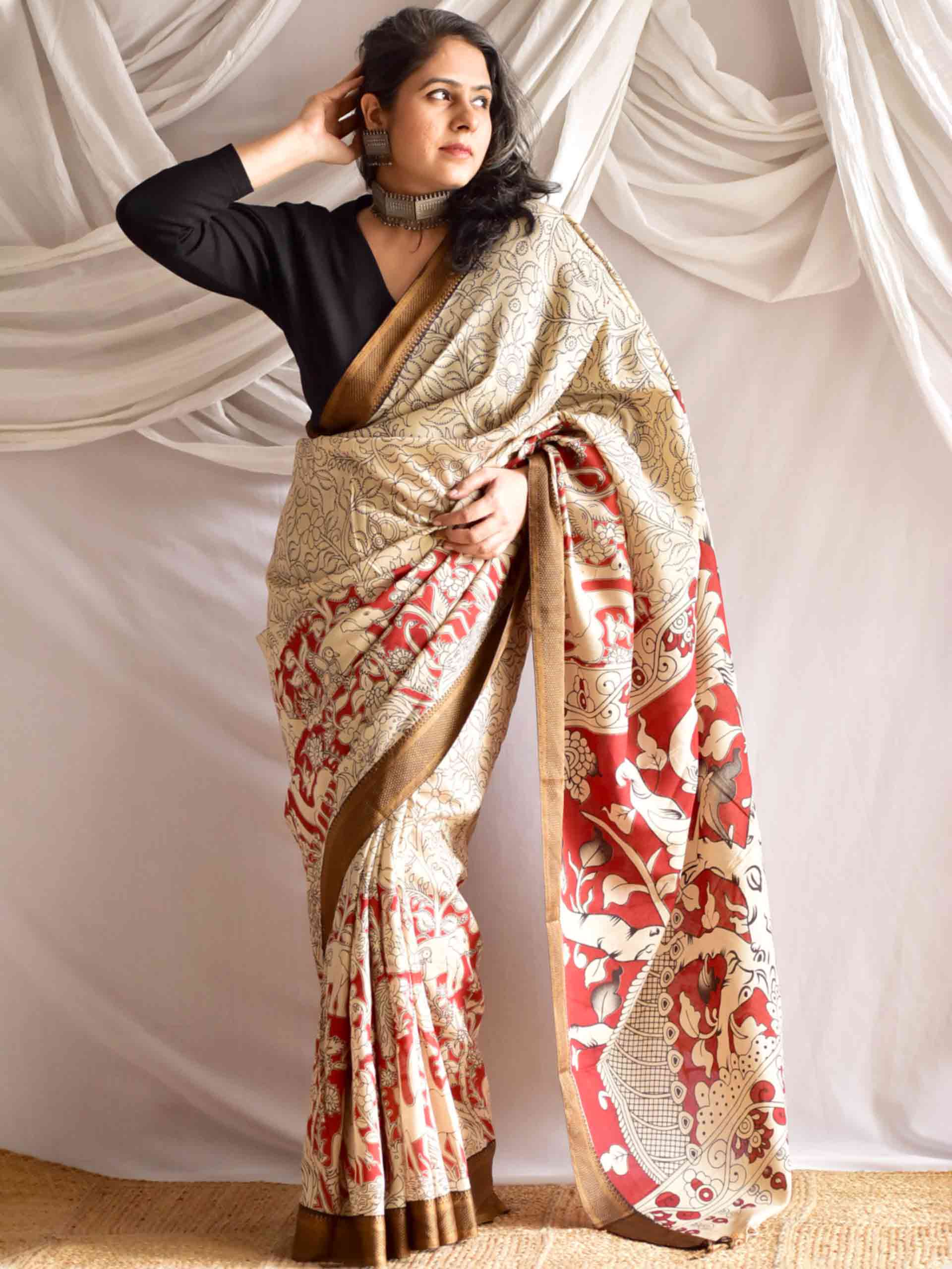 Aisha - kalamkari printed Bangalore Silk nizam border saree