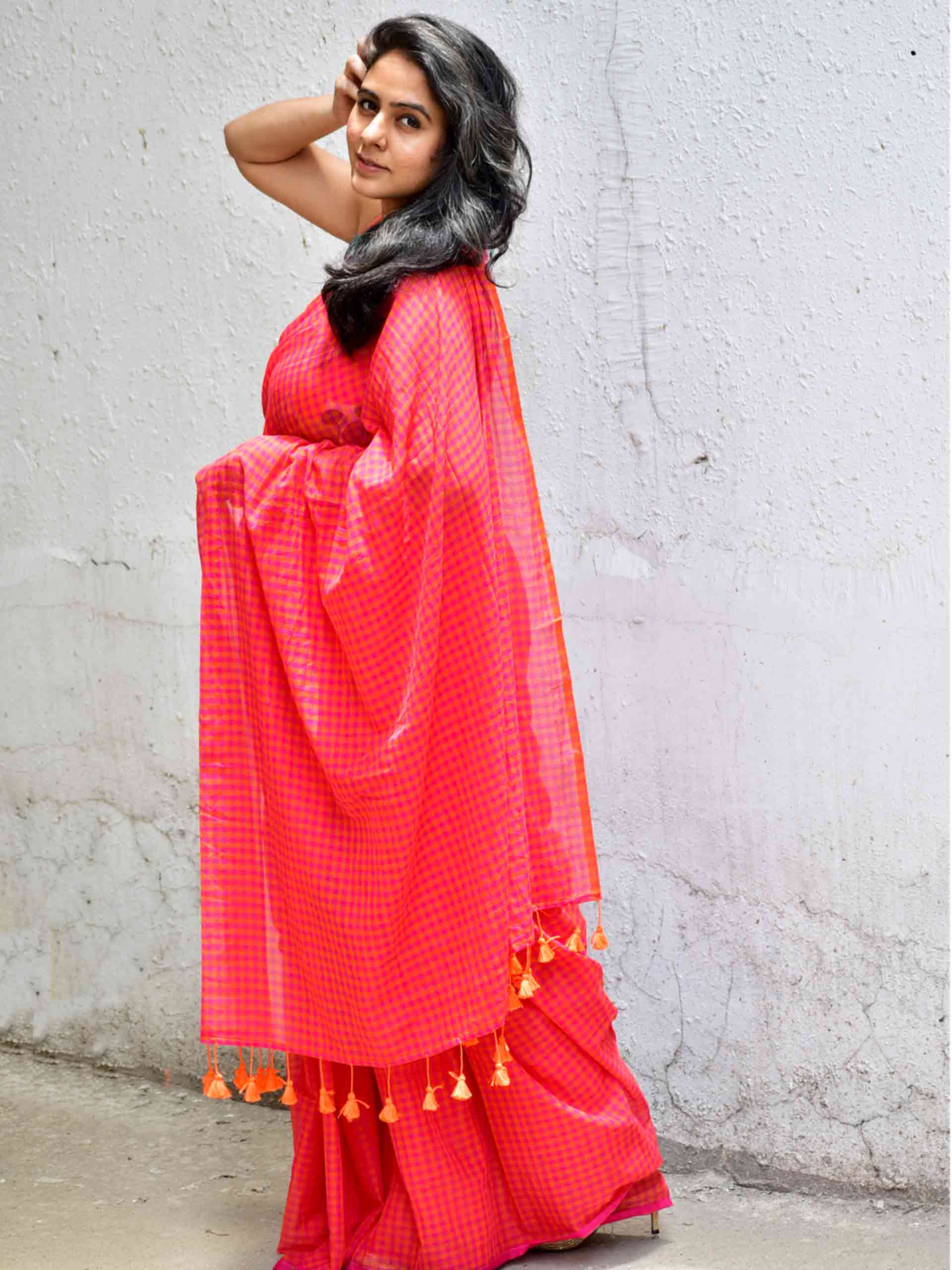 Gulabi Baadal Gamcha Mul cotton saree