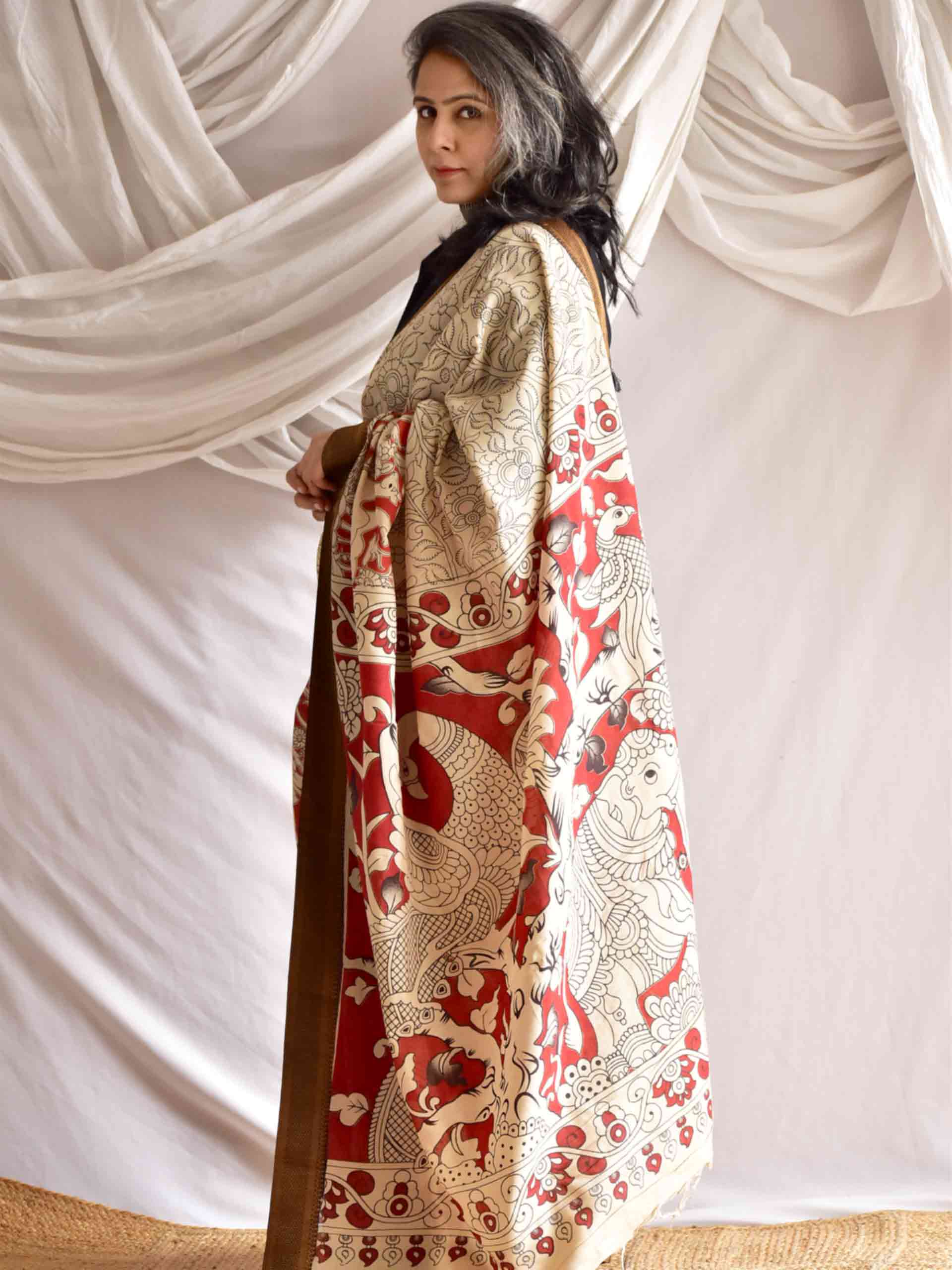 Aisha - kalamkari printed Bangalore Silk nizam border saree