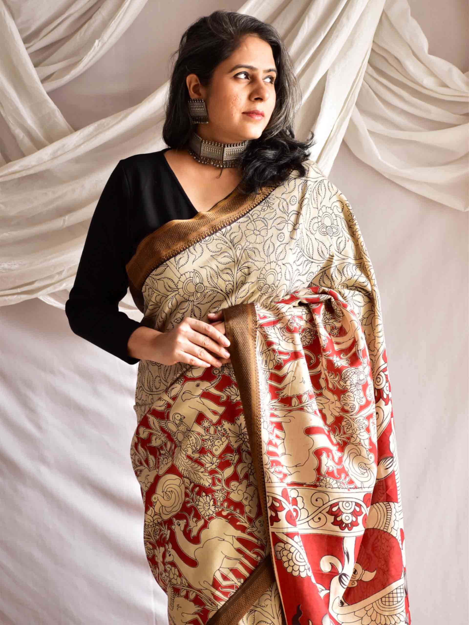Aisha - kalamkari printed Bangalore Silk nizam border saree
