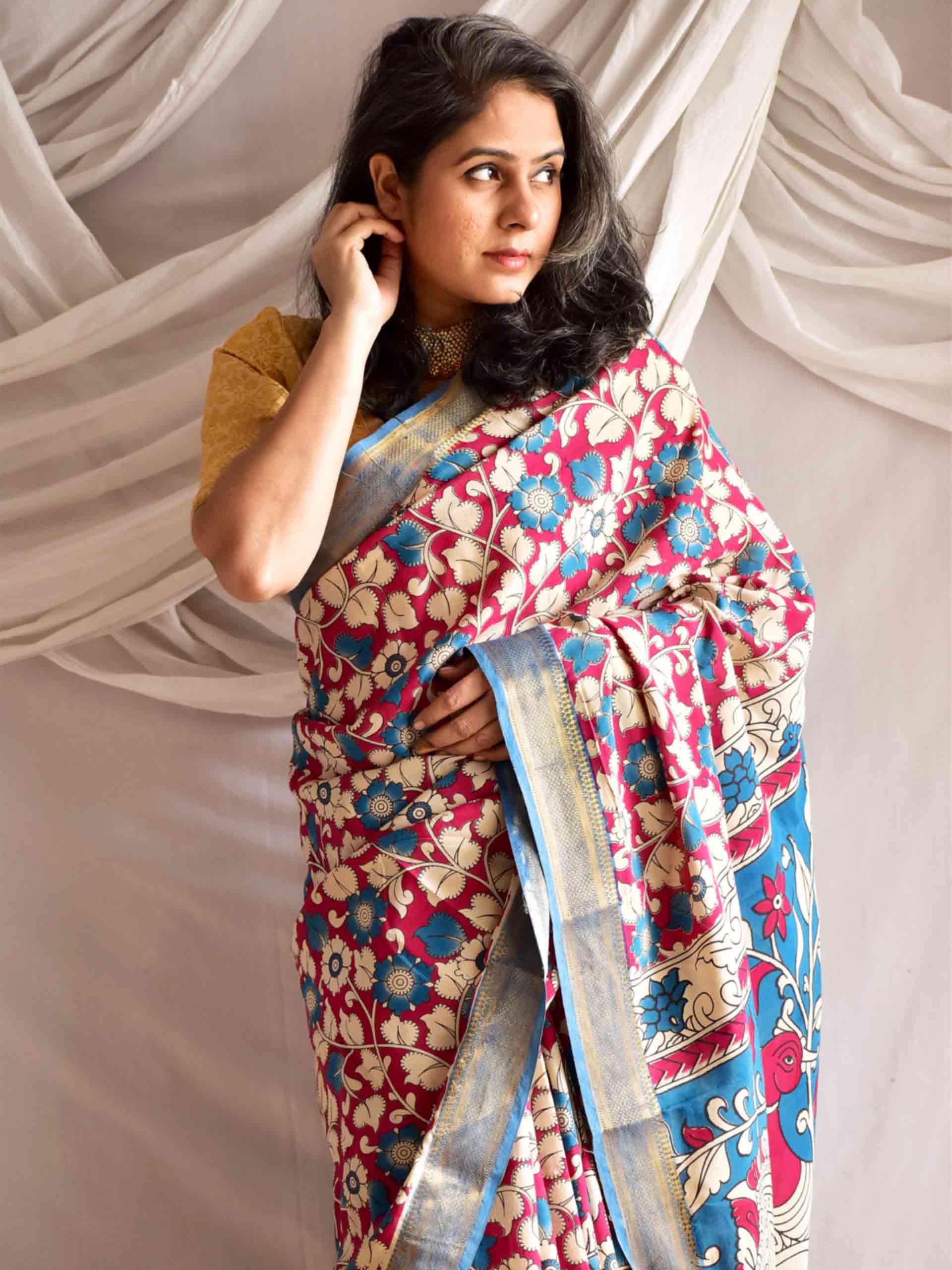 Guldasta - kalamkari printed Bangalore Silk nizam border saree