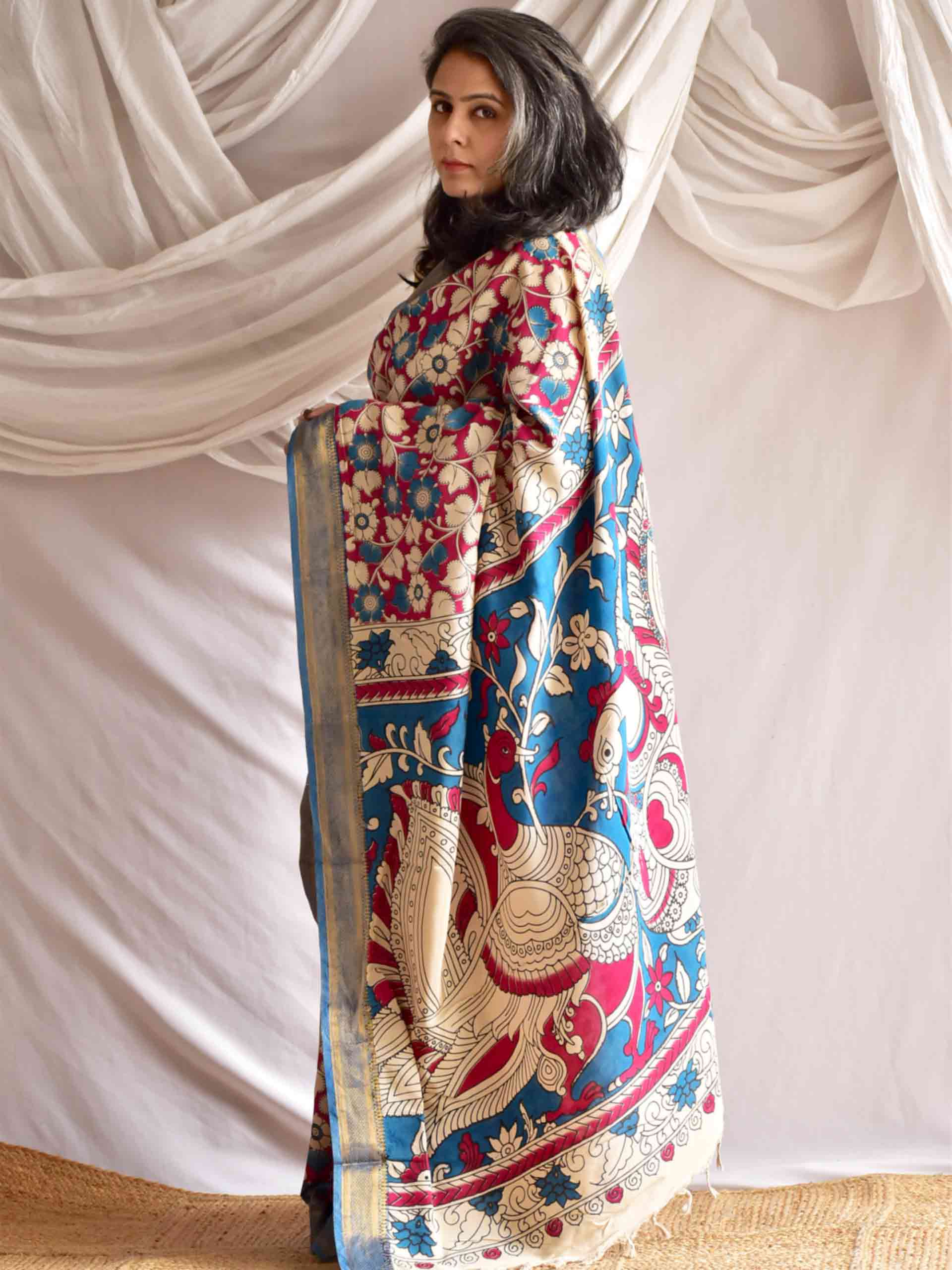 Guldasta - kalamkari printed Bangalore Silk nizam border saree