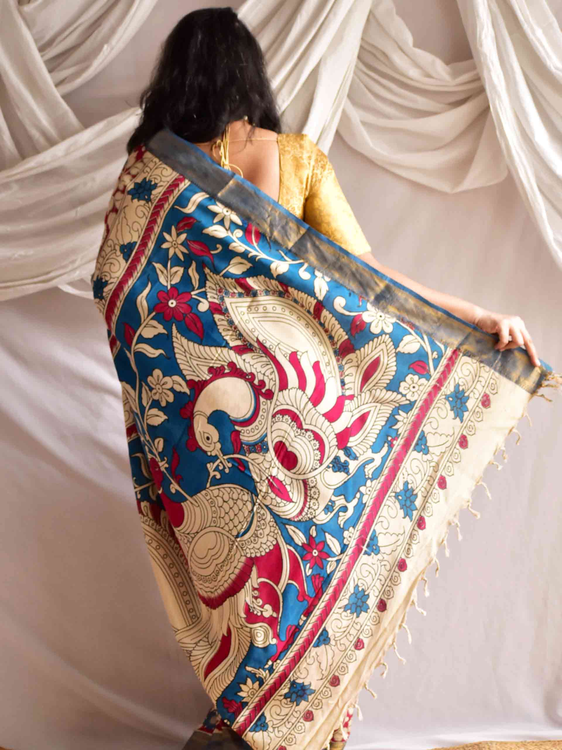 Guldasta - kalamkari printed Bangalore Silk nizam border saree