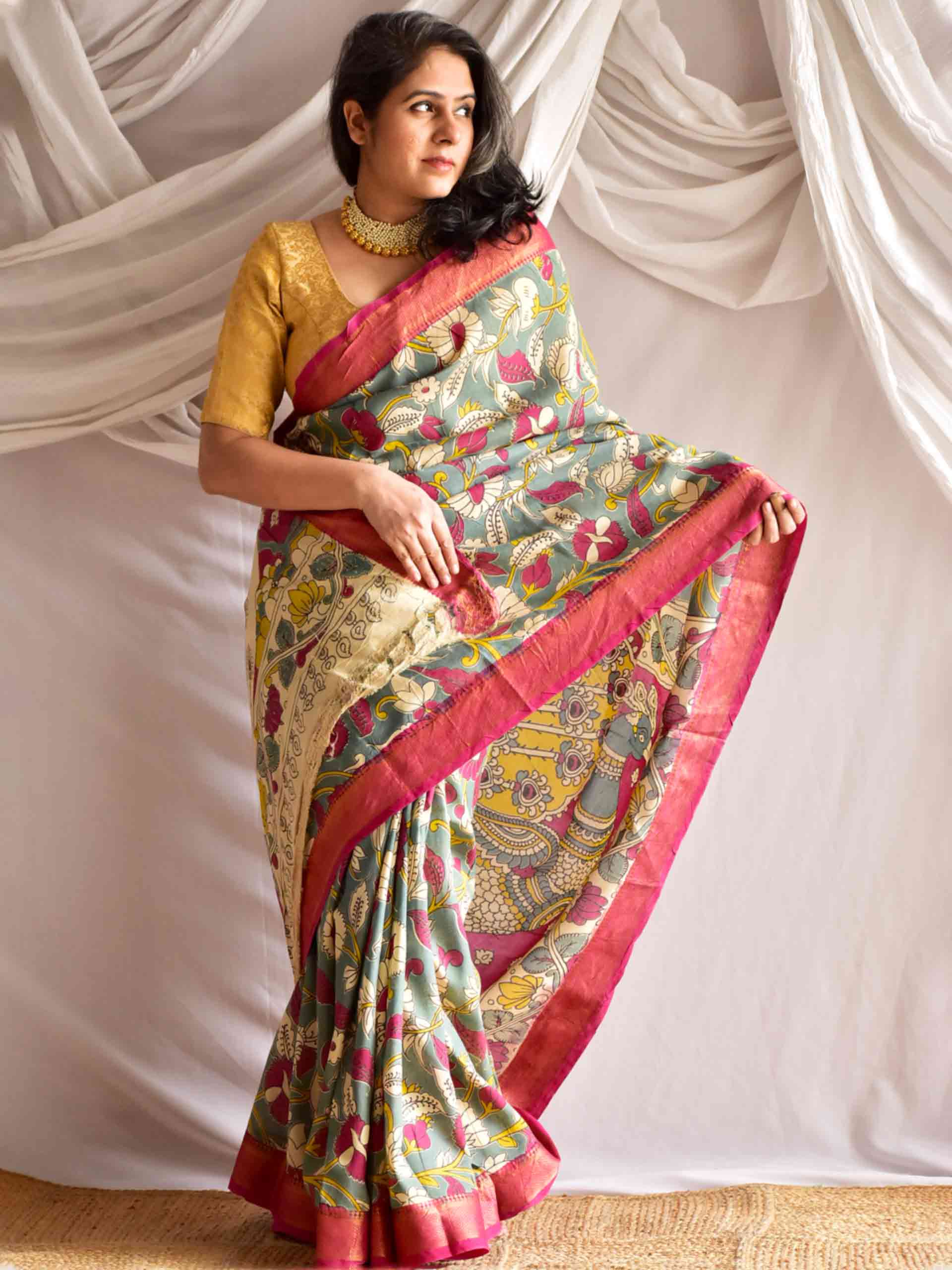 Nadira - kalamkari printed Bangalore Silk nizam border saree