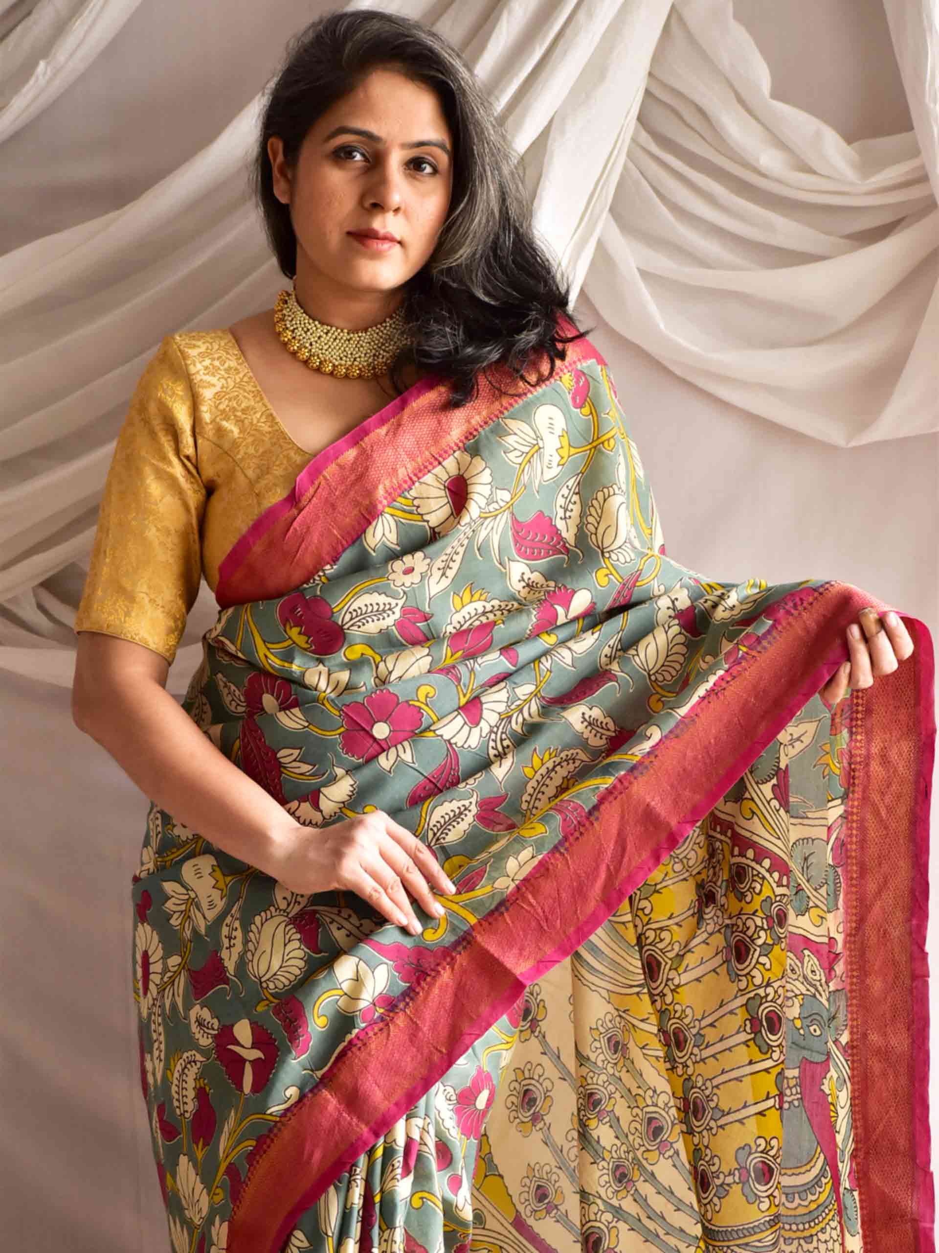 Nadira - kalamkari printed Bangalore Silk nizam border saree