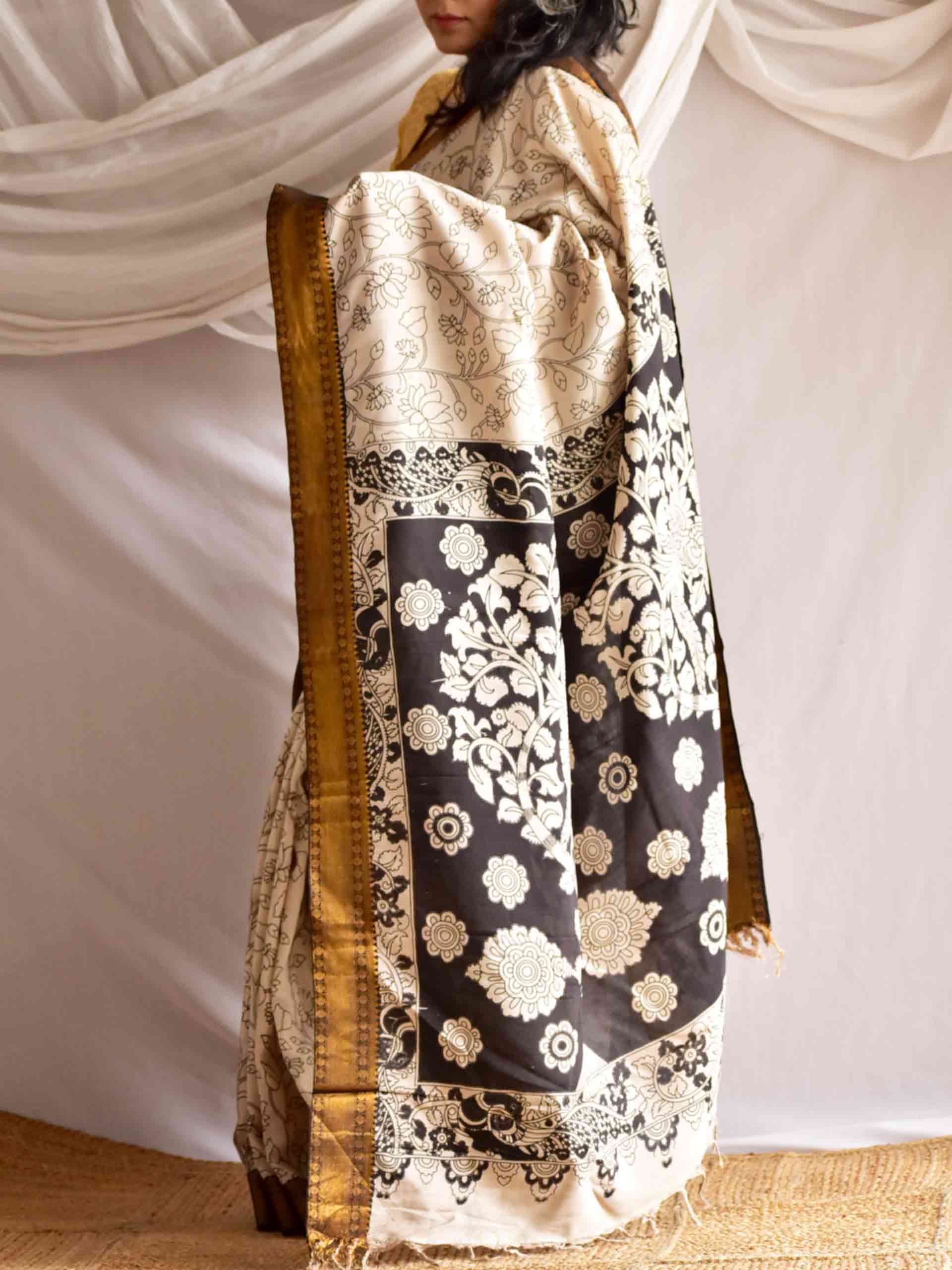 Rooprekha - kalamkari printed Bangalore Silk nizam border saree