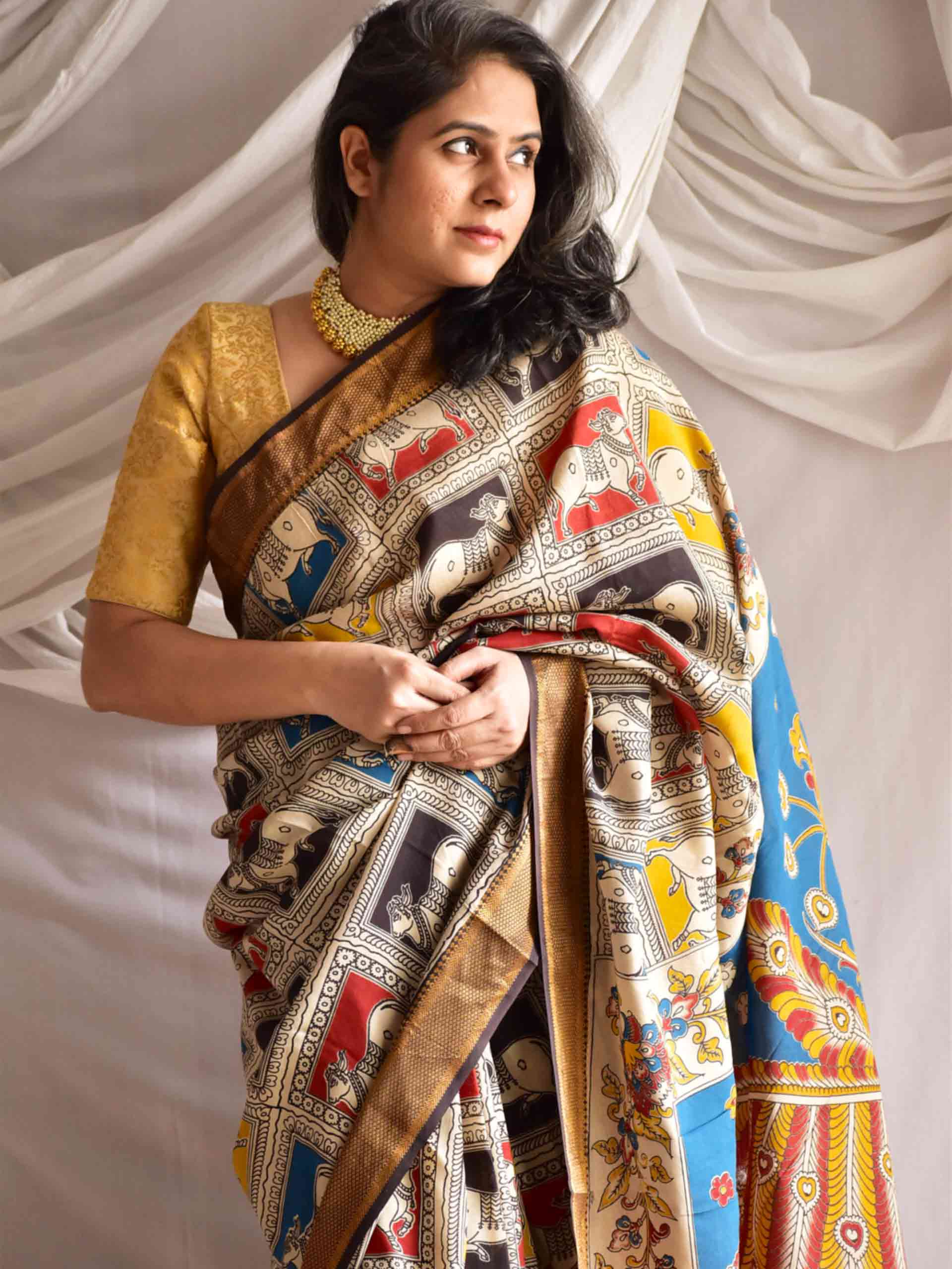 Pitaara - kalamkari printed Bangalore Silk nizam border saree