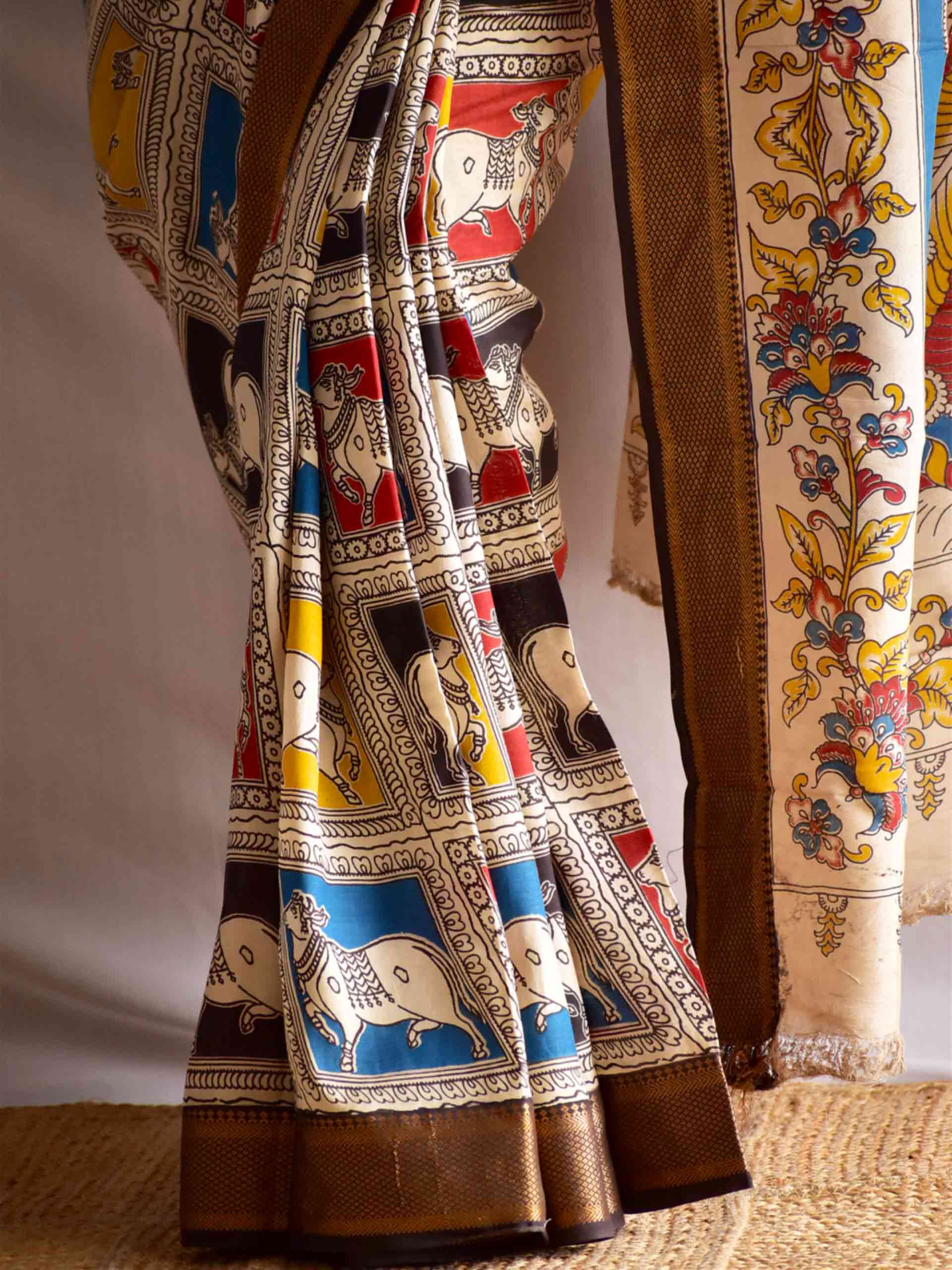 Pitaara - kalamkari printed Bangalore Silk nizam border saree