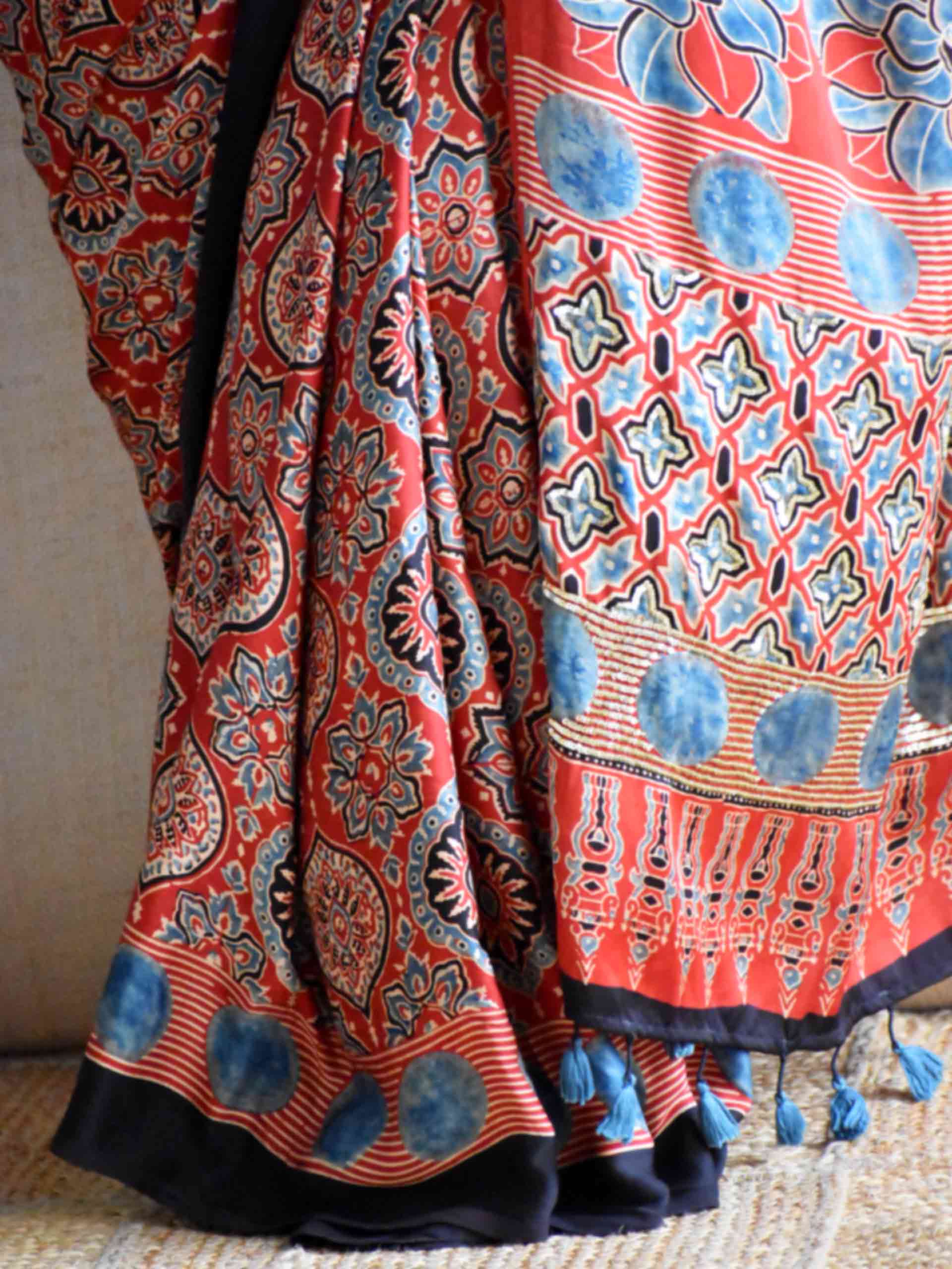 Surkh-e-Gul - Ajrakh modal Silk hand embroidered Saree