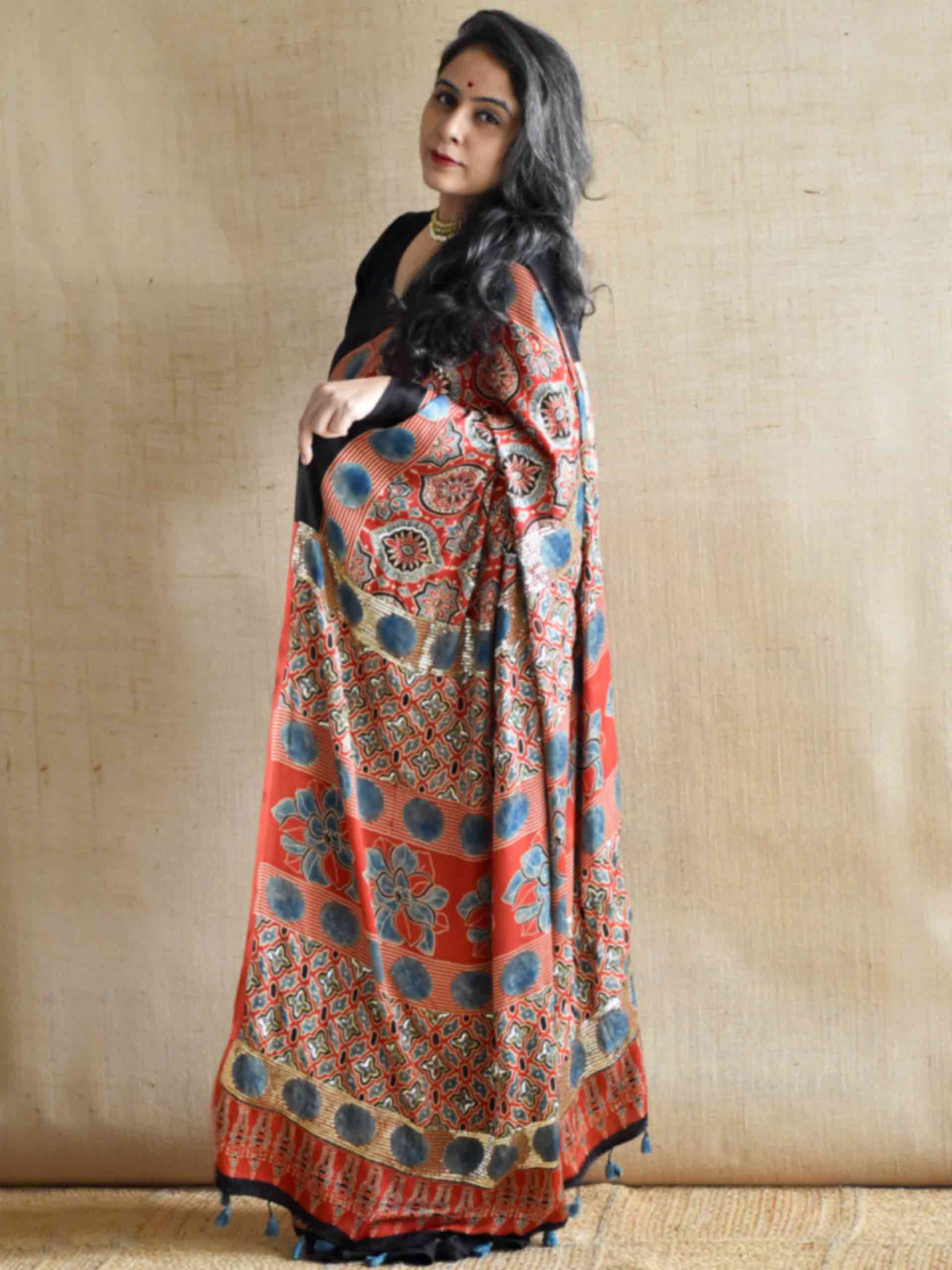 Surkh-e-Gul - Ajrakh modal Silk hand embroidered Saree