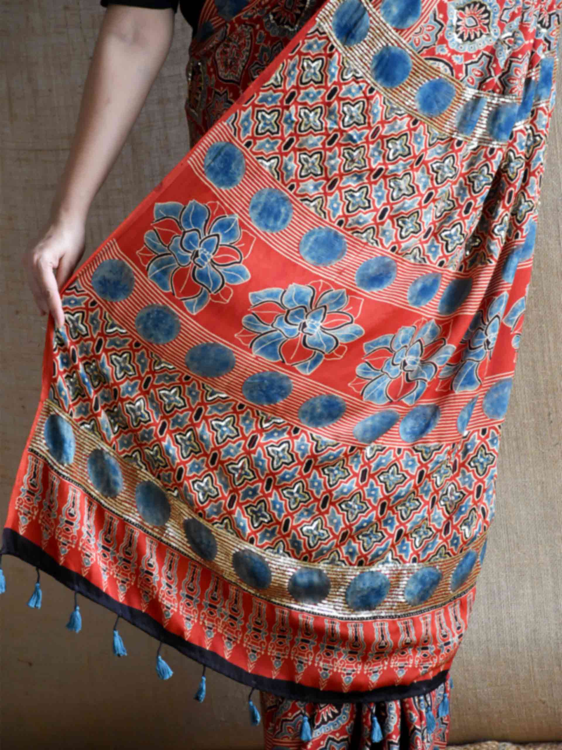 Surkh-e-Gul - Ajrakh modal Silk hand embroidered Saree