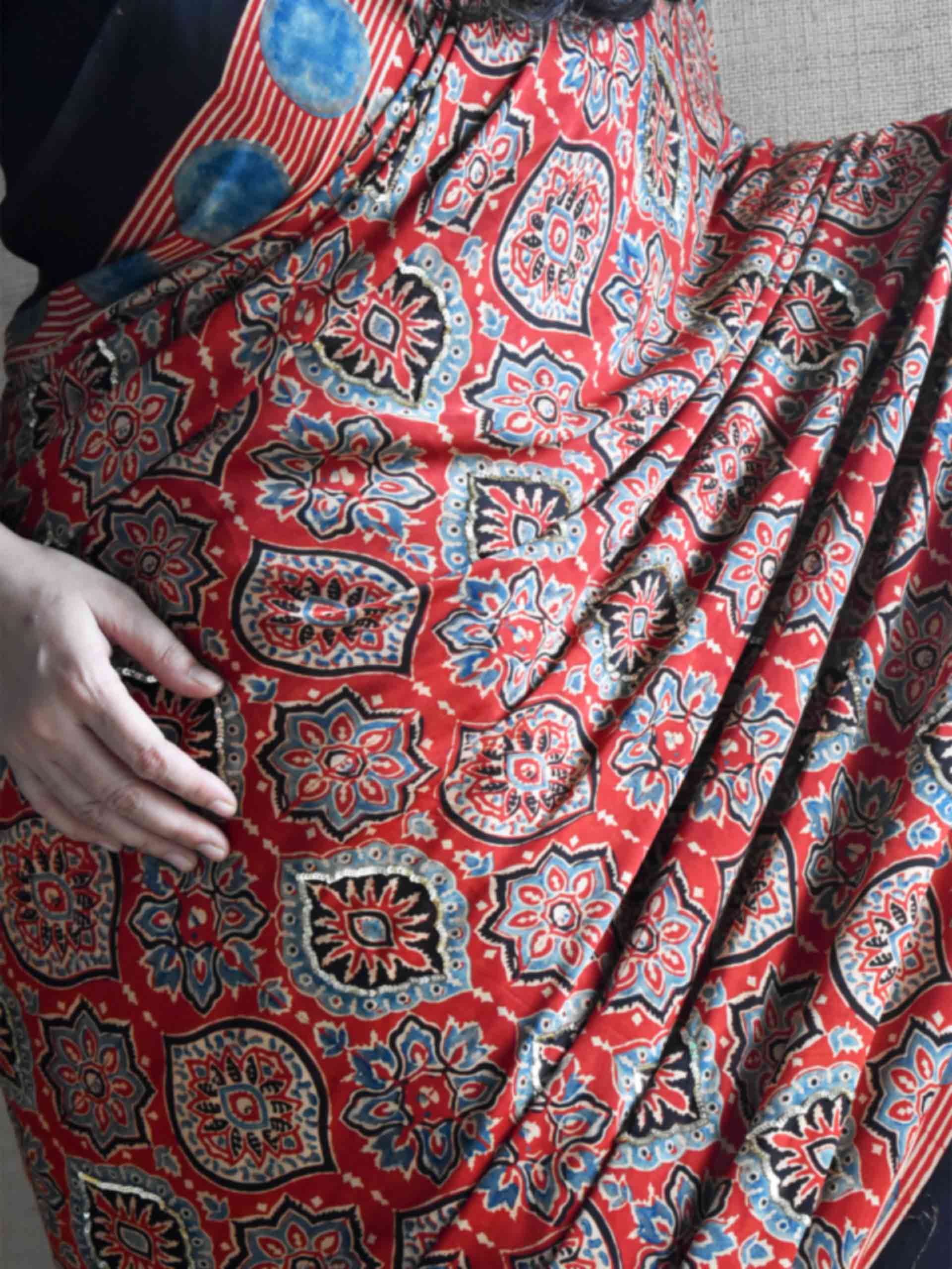 Surkh-e-Gul - Ajrakh modal Silk hand embroidered Saree