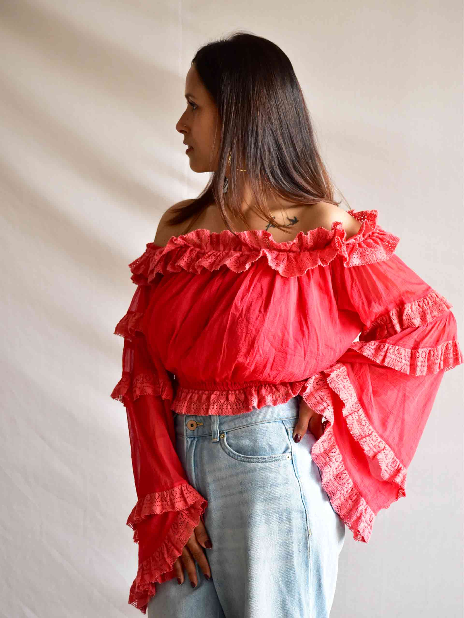 Cherry - Off Shoulder Frill Top