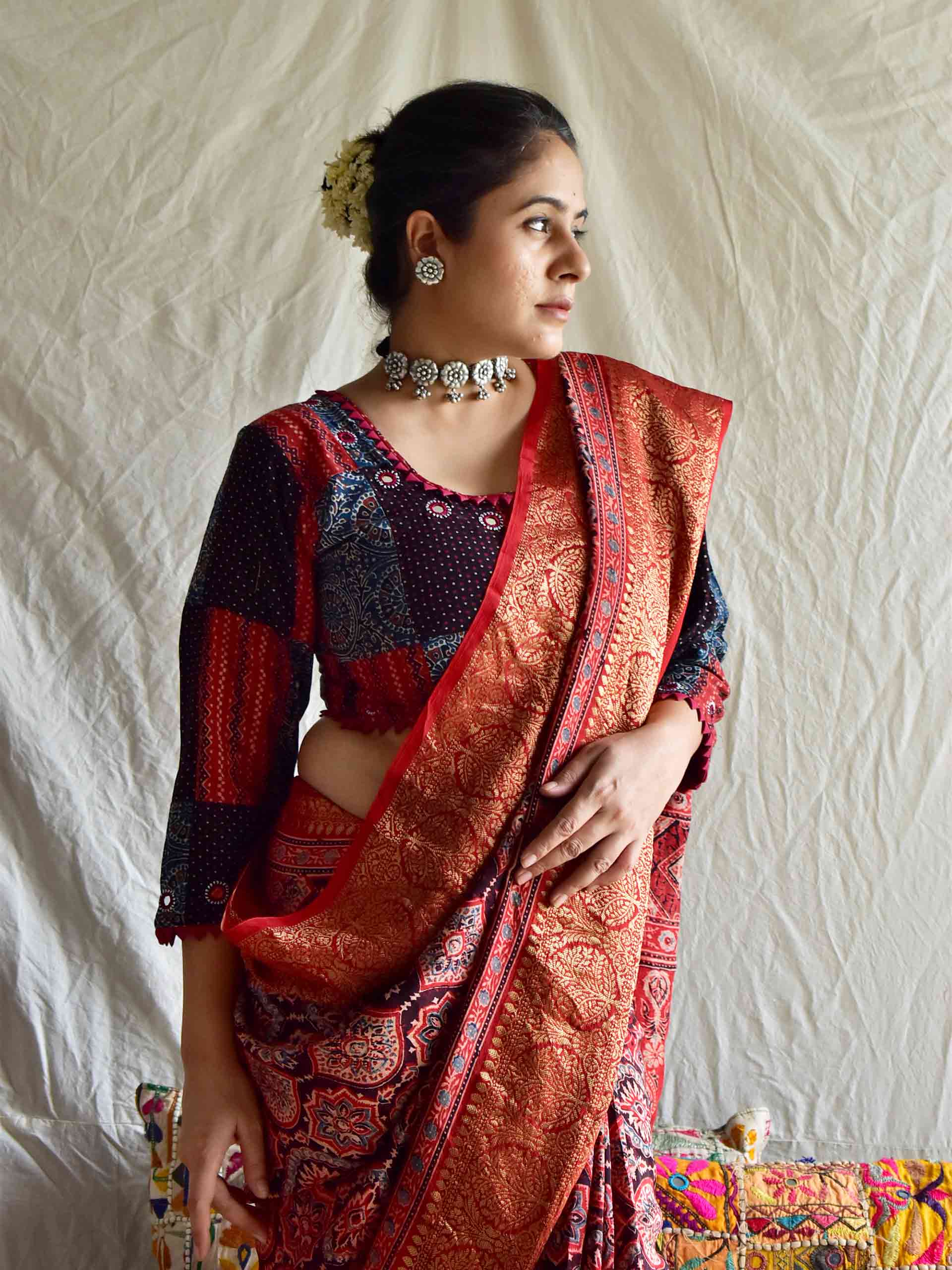 Imarti - Ajrakh hand block printed Dola Silk zari border Saree