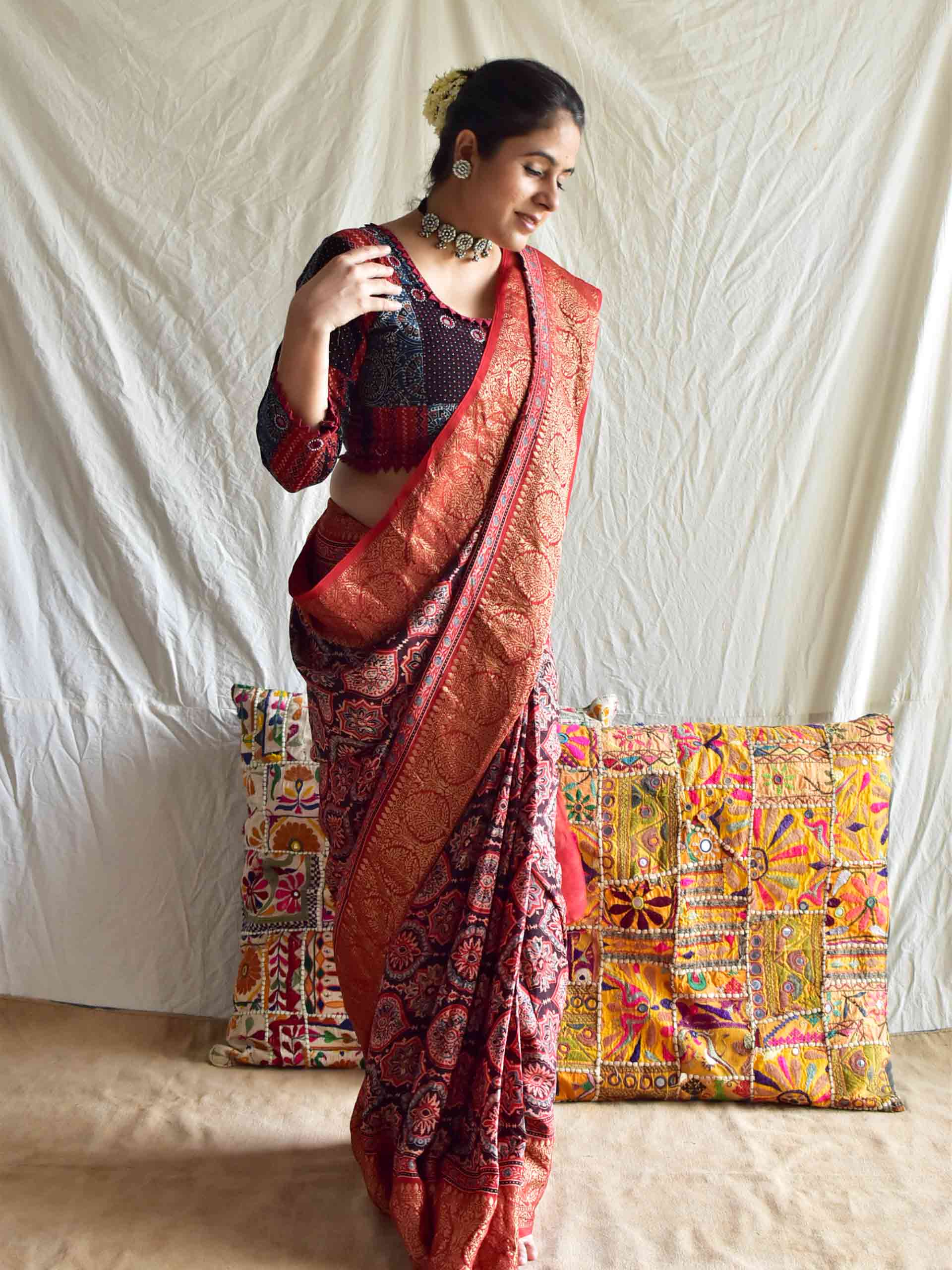 Imarti - Ajrakh hand block printed Dola Silk zari border Saree