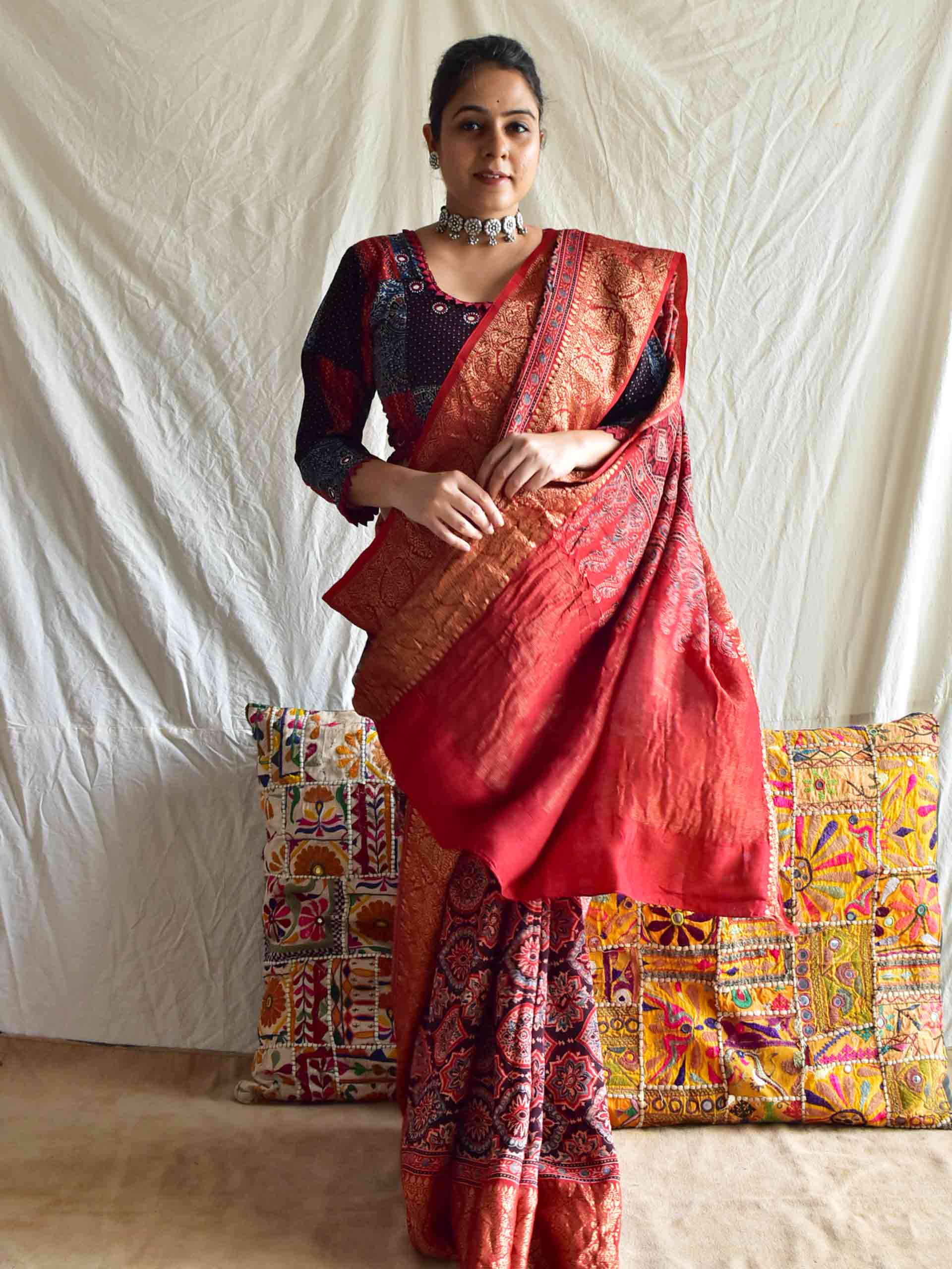 Imarti - Ajrakh hand block printed Dola Silk zari border Saree