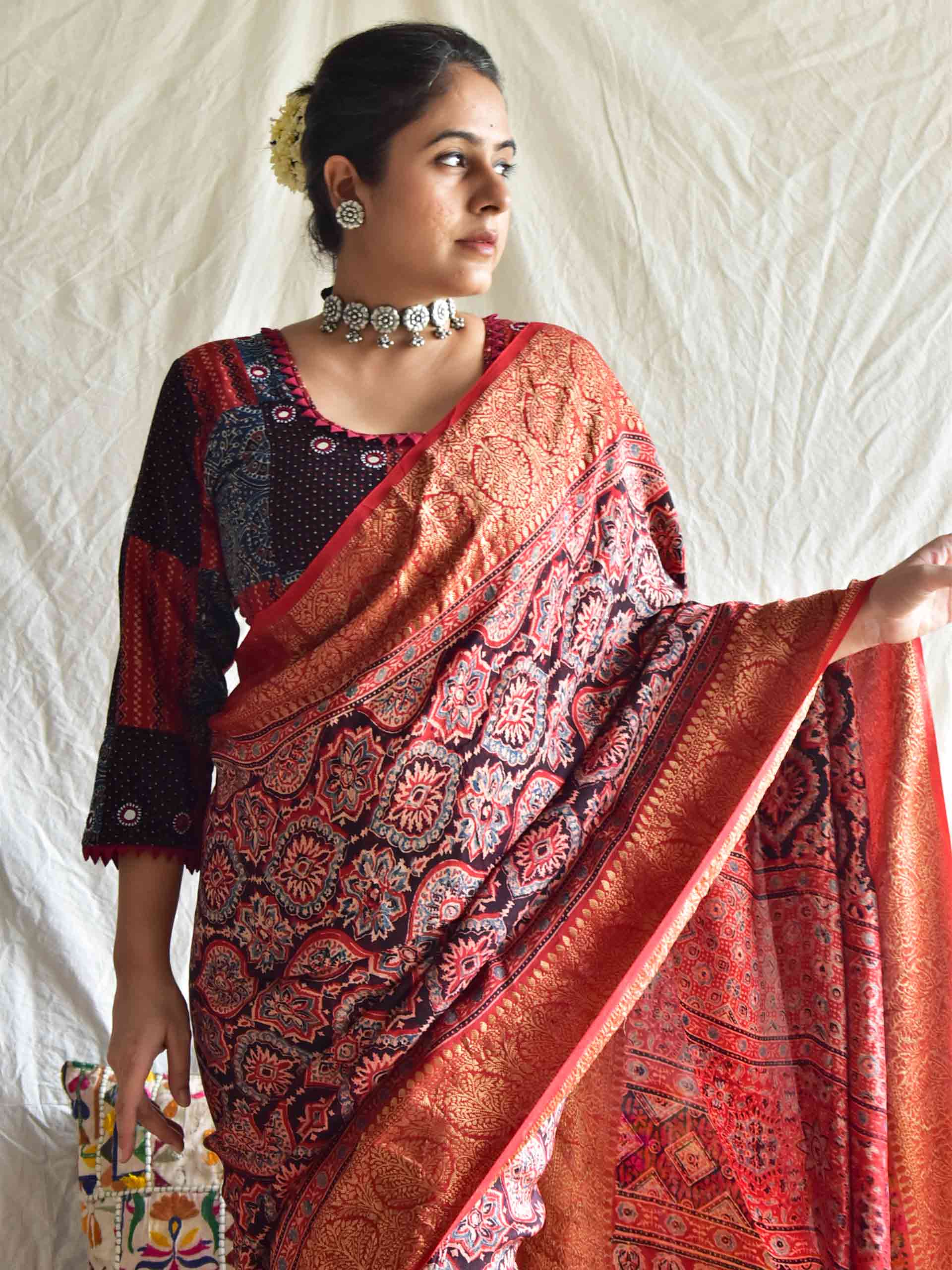 Imarti - Ajrakh hand block printed Dola Silk zari border Saree