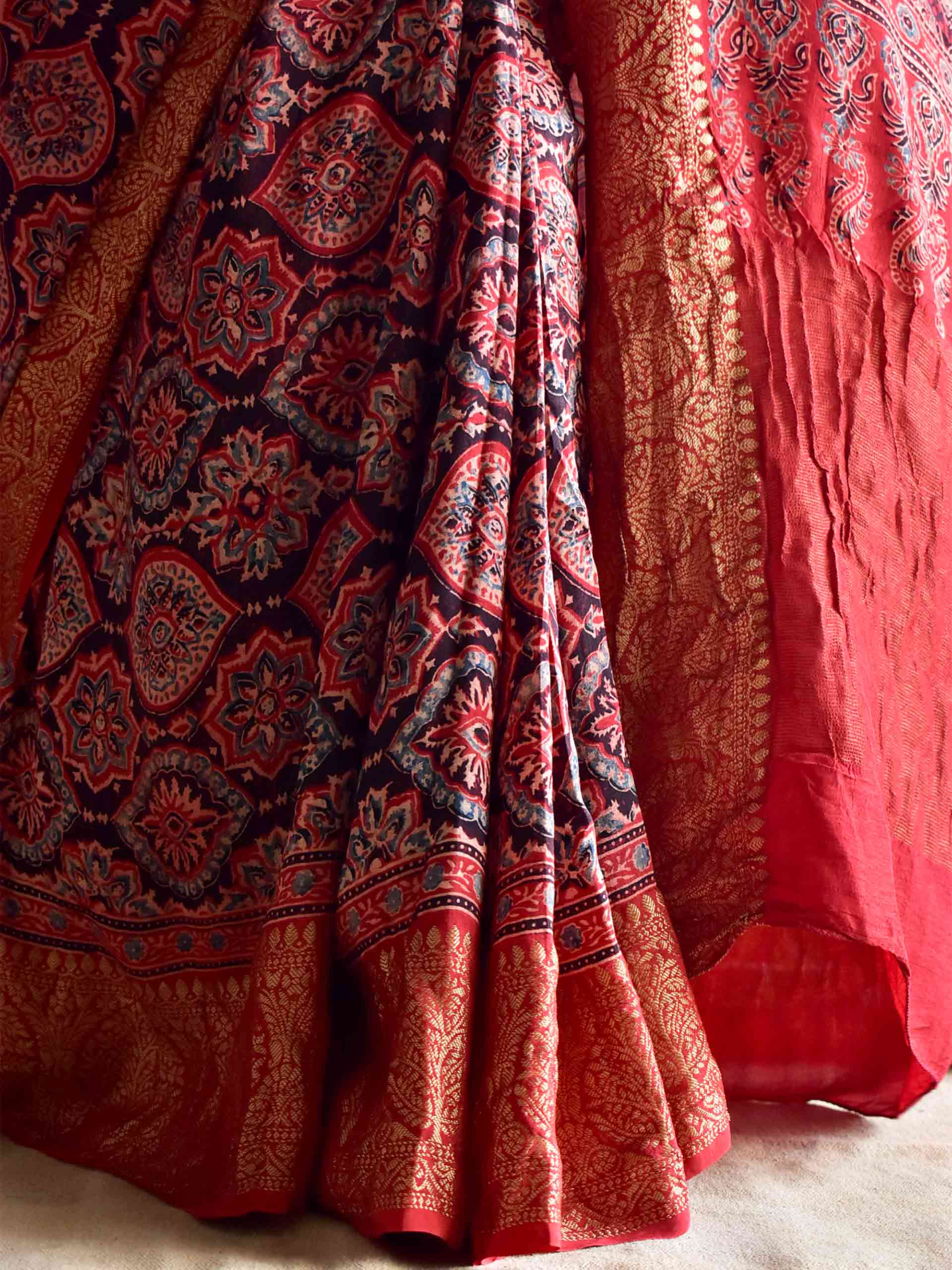 Imarti - Ajrakh hand block printed Dola Silk zari border Saree