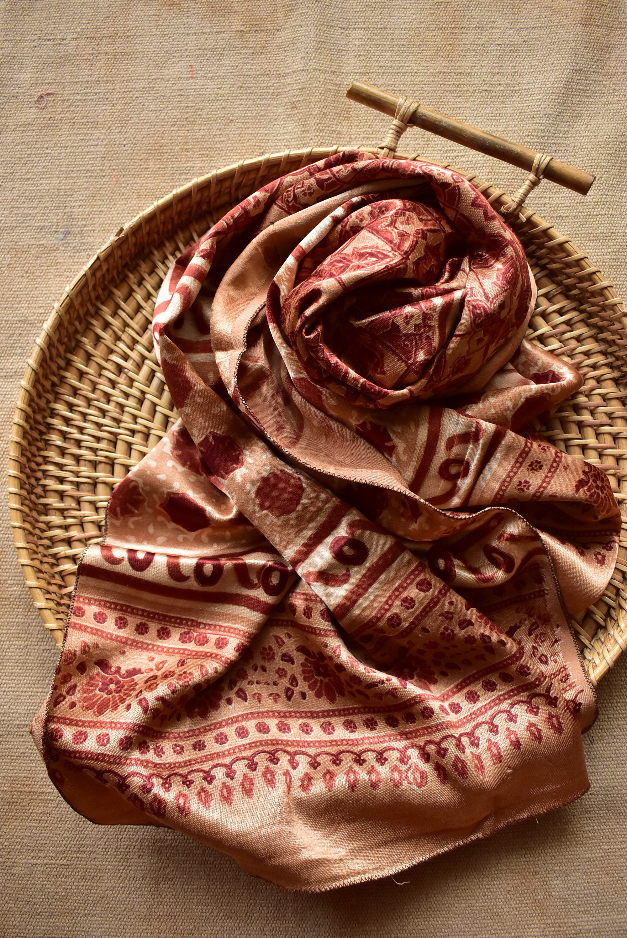 peachy lines - Ajrakh hand block printed Mashru silk stole