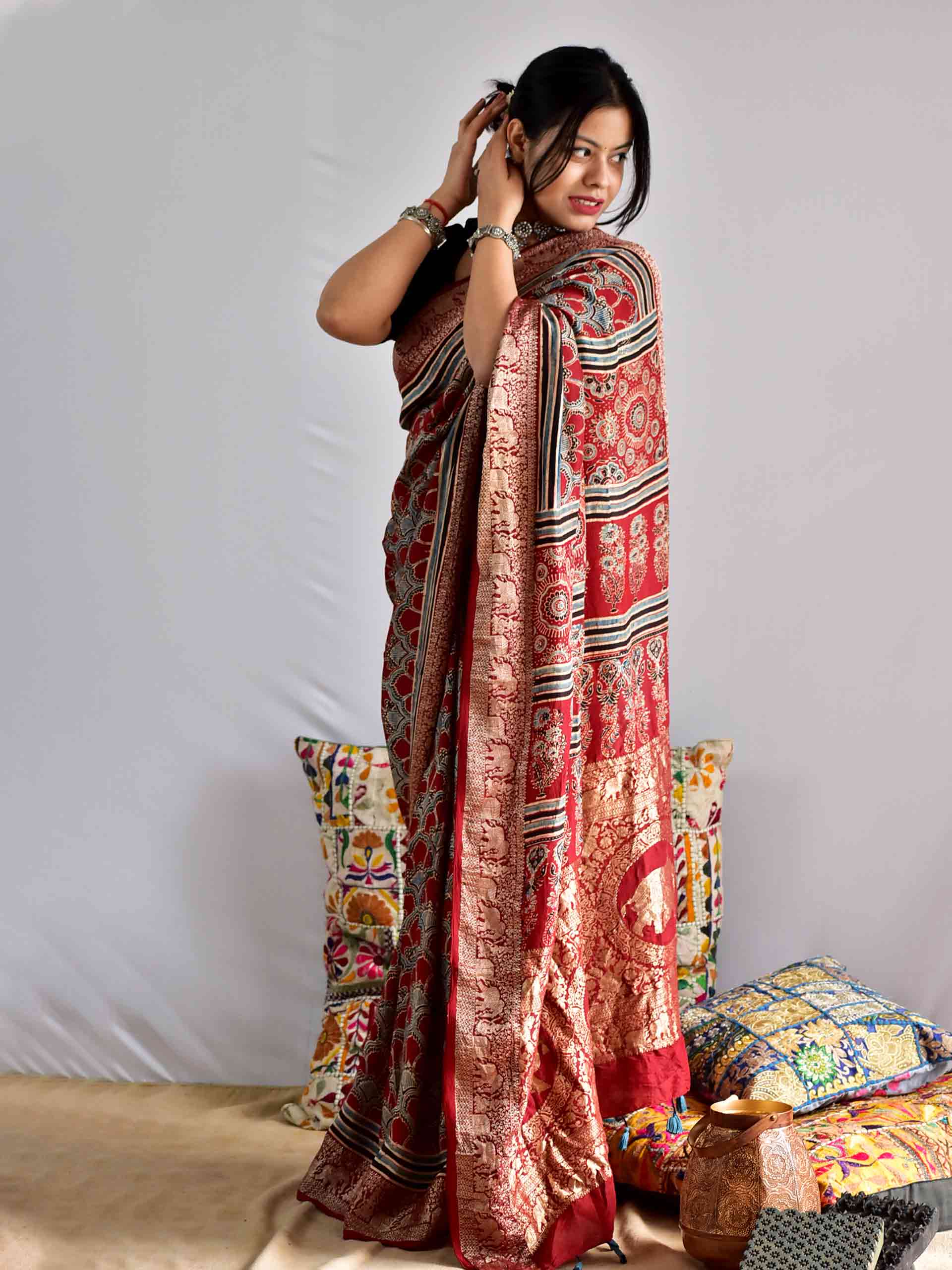 mitwa - Ajrakh Dola Silk zari border Saree