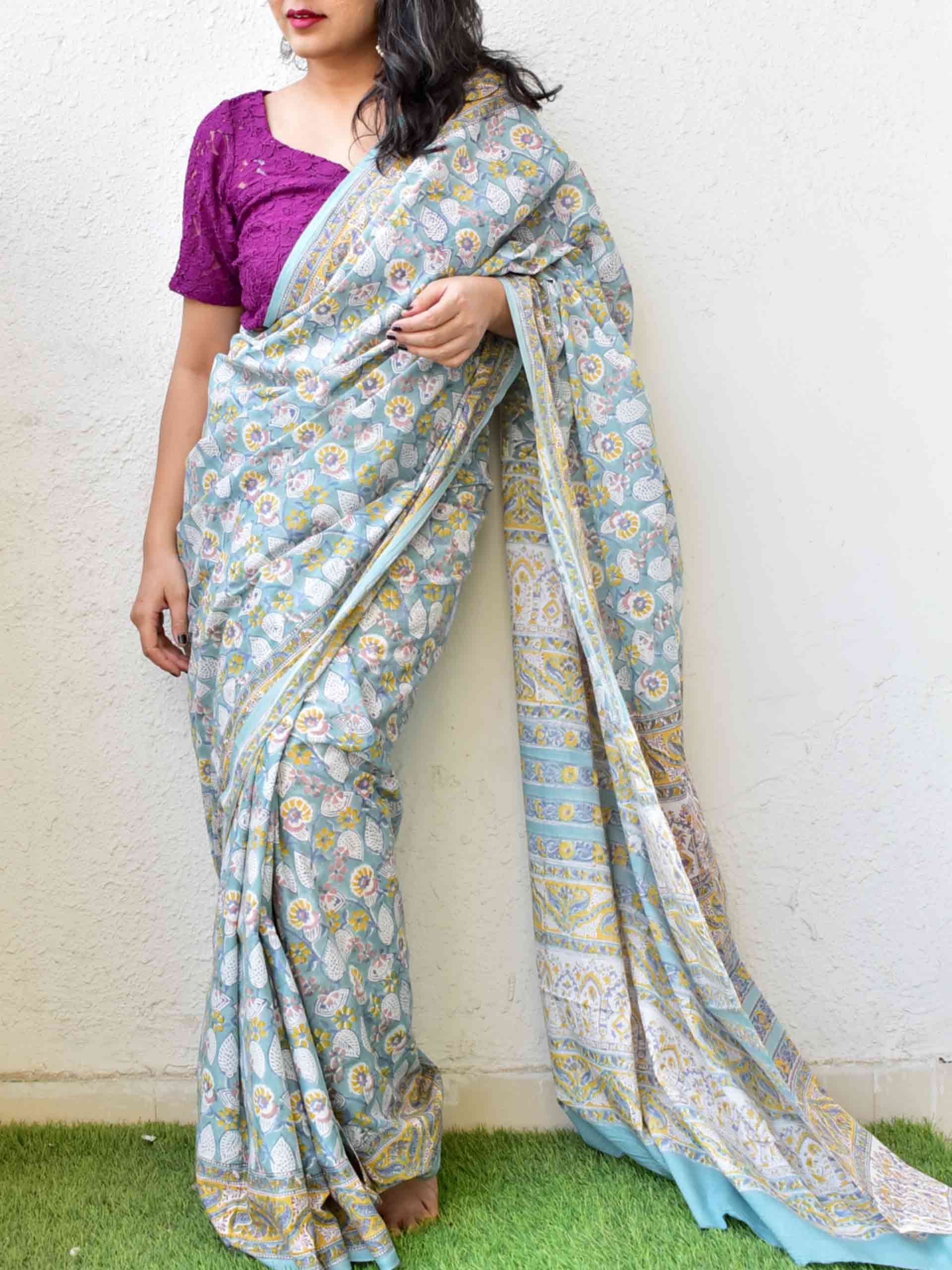 Dabu hand block printed cotton saree