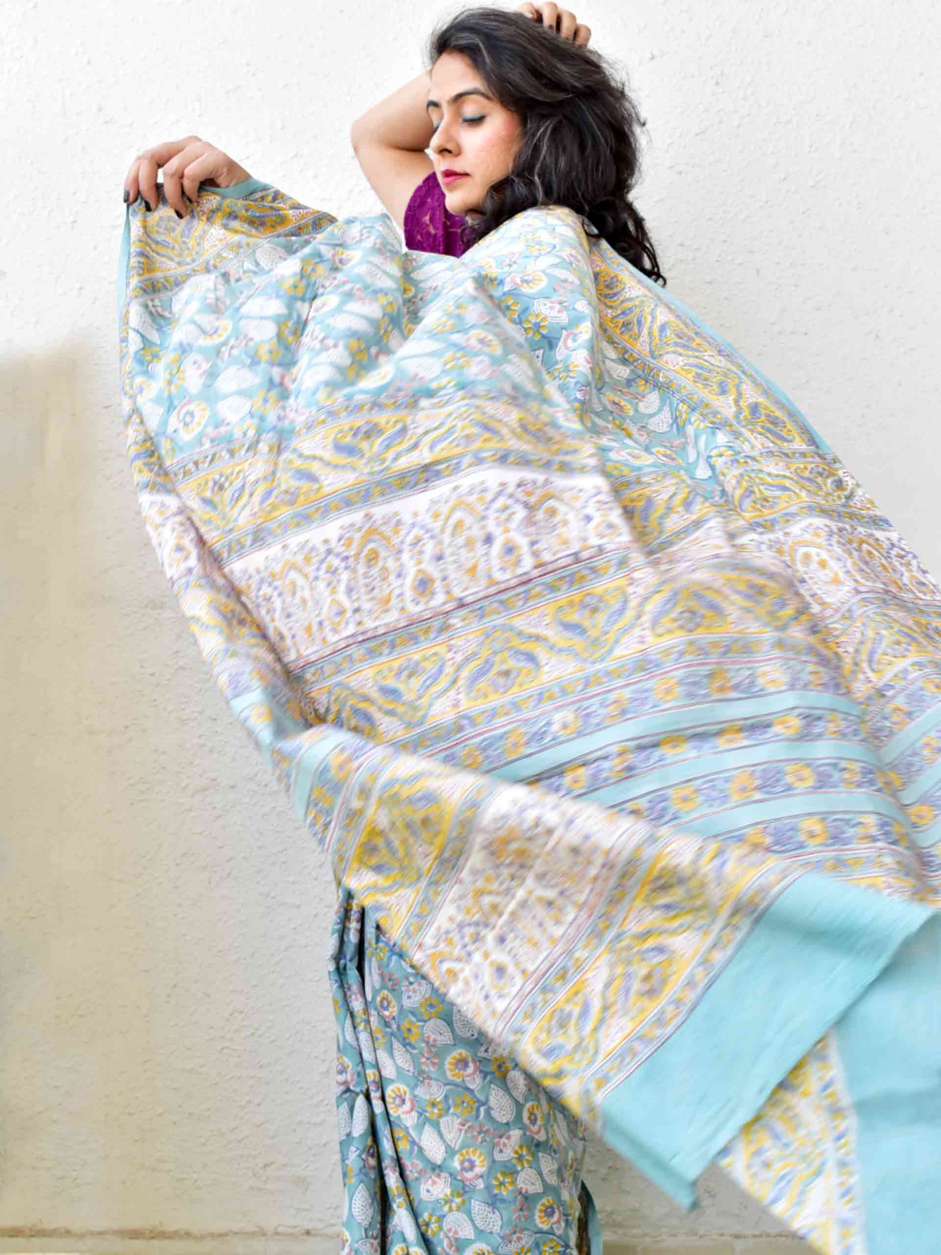 Dabu hand block printed cotton saree